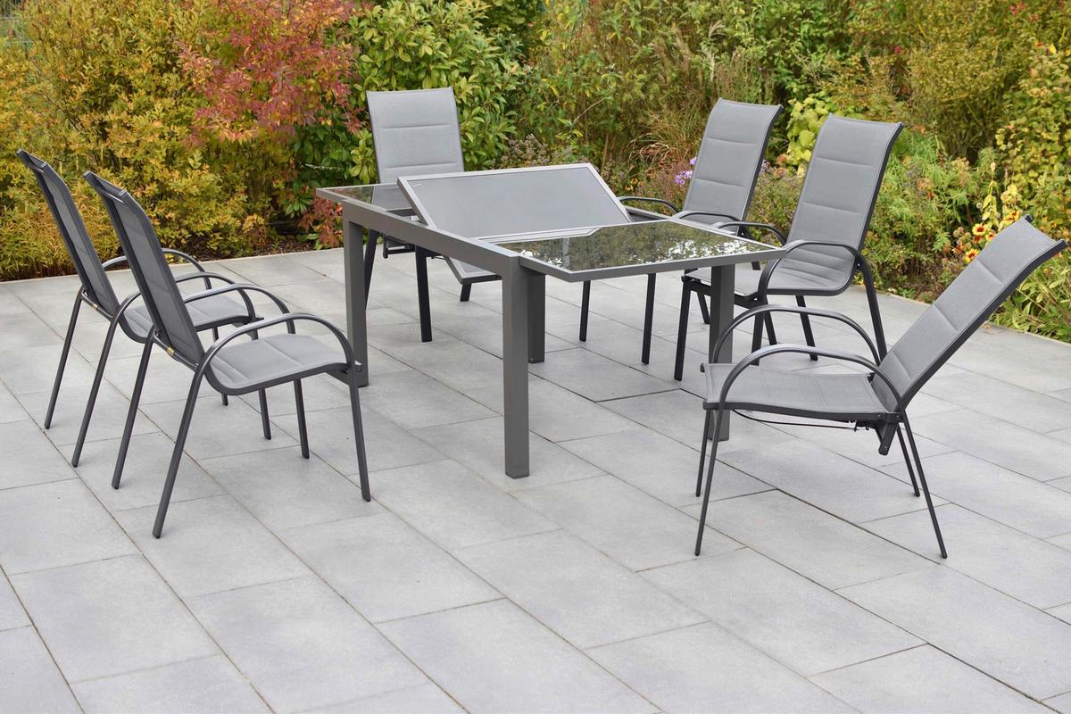 Gartentischgruppe Amalfi 7-tlg. Graphitfarben - Graphitfarben/Grau, KONVENTIONELL, Glas/Textil - Gardenson