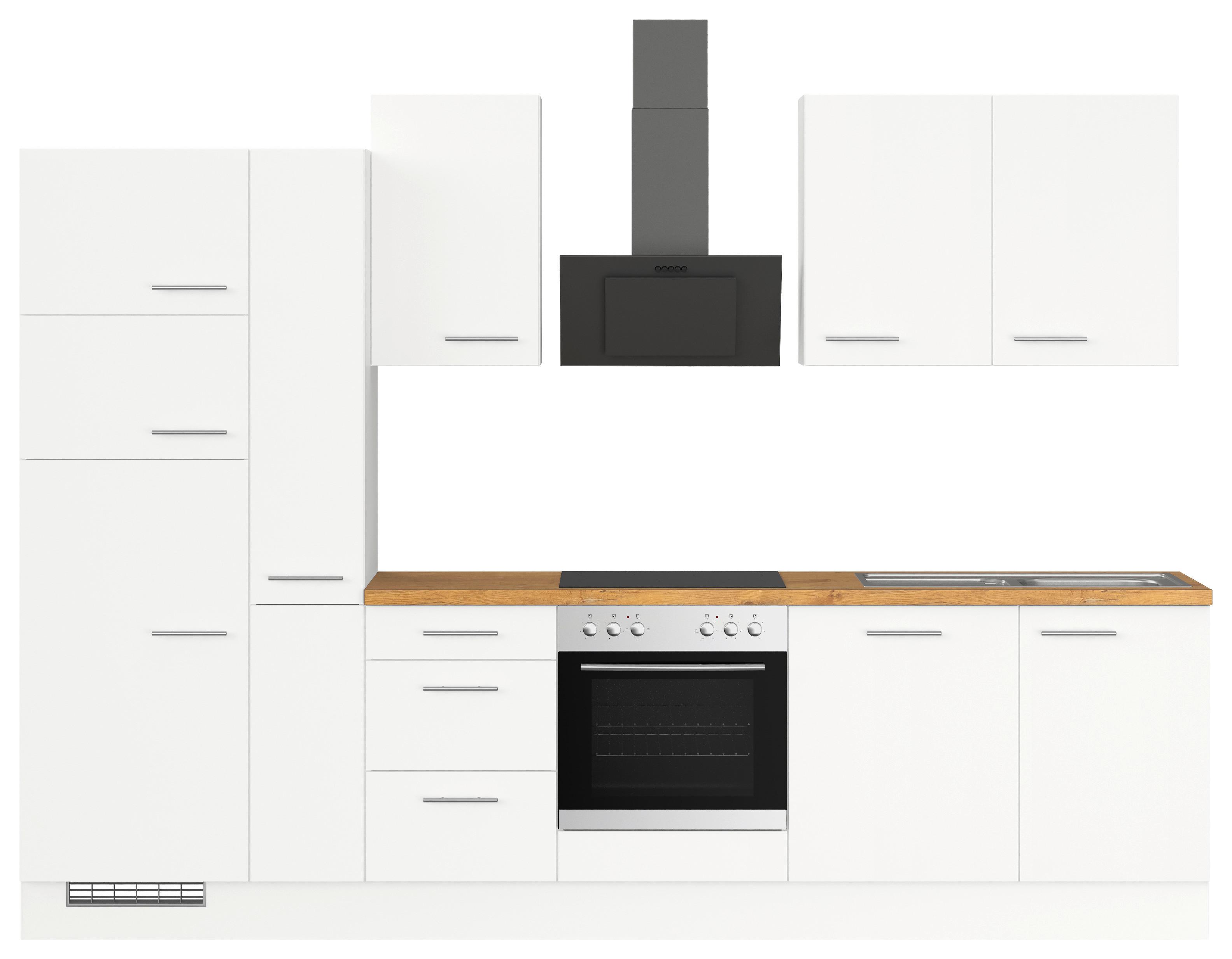 Küchenblock IBZ ohne Gertäte ca. 310 cm Weiß - Edelstahlfarben/Eichefarben, Design, Holzwerkstoff/Metall (310cm) - Impuls