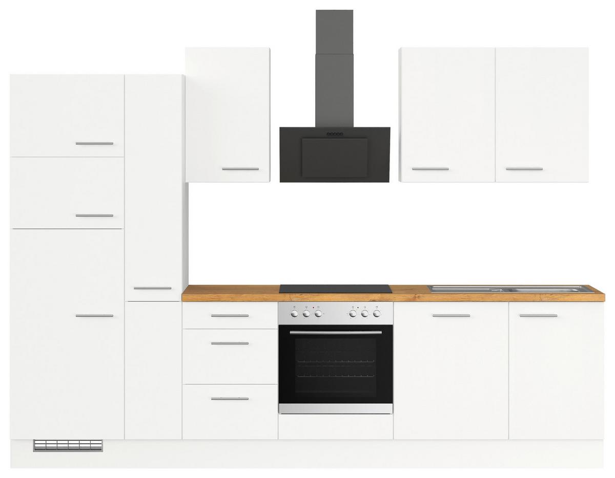 Küchenblock IBZ ohne Gertäte ca. 310 cm Weiß - Edelstahlfarben/Eichefarben, Design, Holzwerkstoff/Metall (310cm) - Impuls