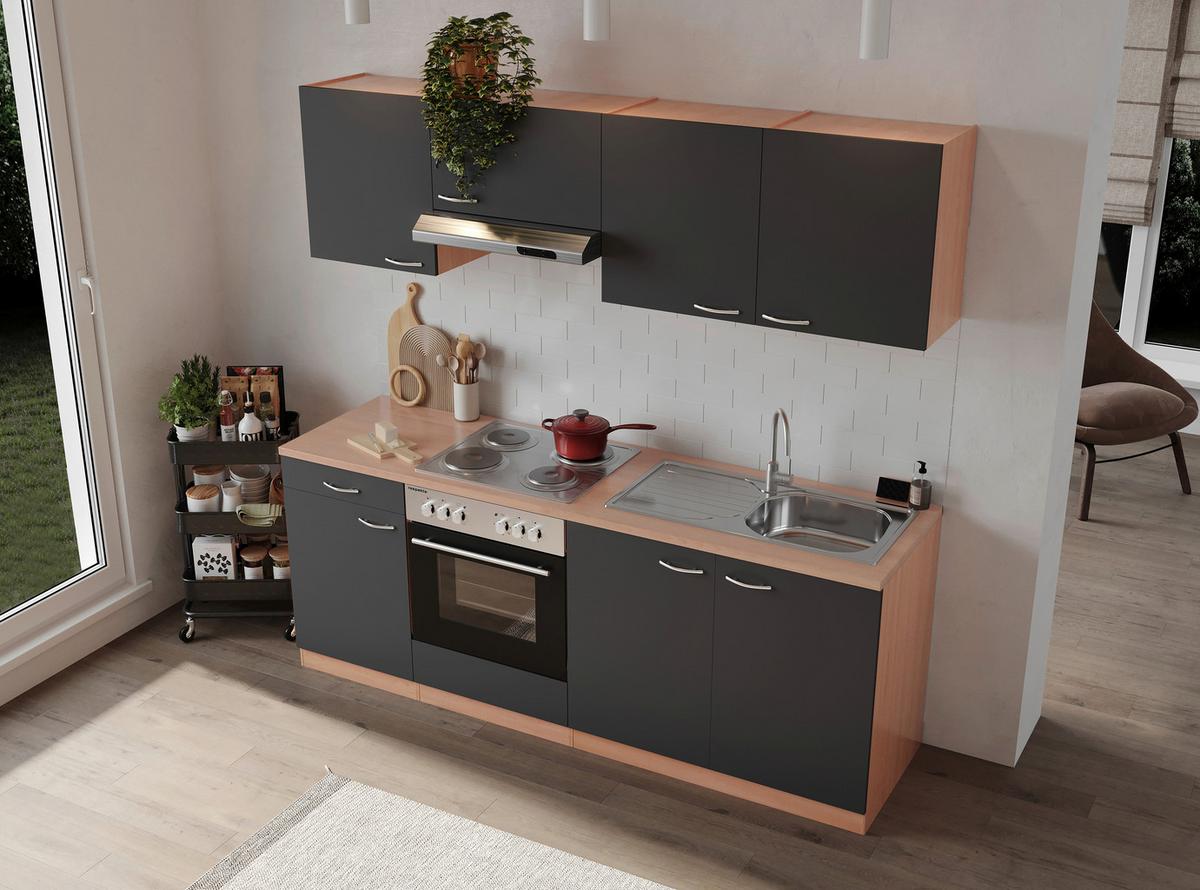 Küchenblock Gerda mit Geräten ca. 210 cm Grau - Buchefarben/Alufarben, Basics, Holzwerkstoff/Kunststoff (210cm) - Respekta