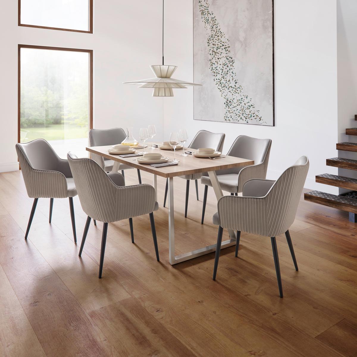 Esstisch Holz "Melani", ca. 160x90 cm, Eiche - Edelstahlfarben/Eichefarben, Modern, Holzwerkstoff/Metall (160/90/76cm) - Bessagi Home
