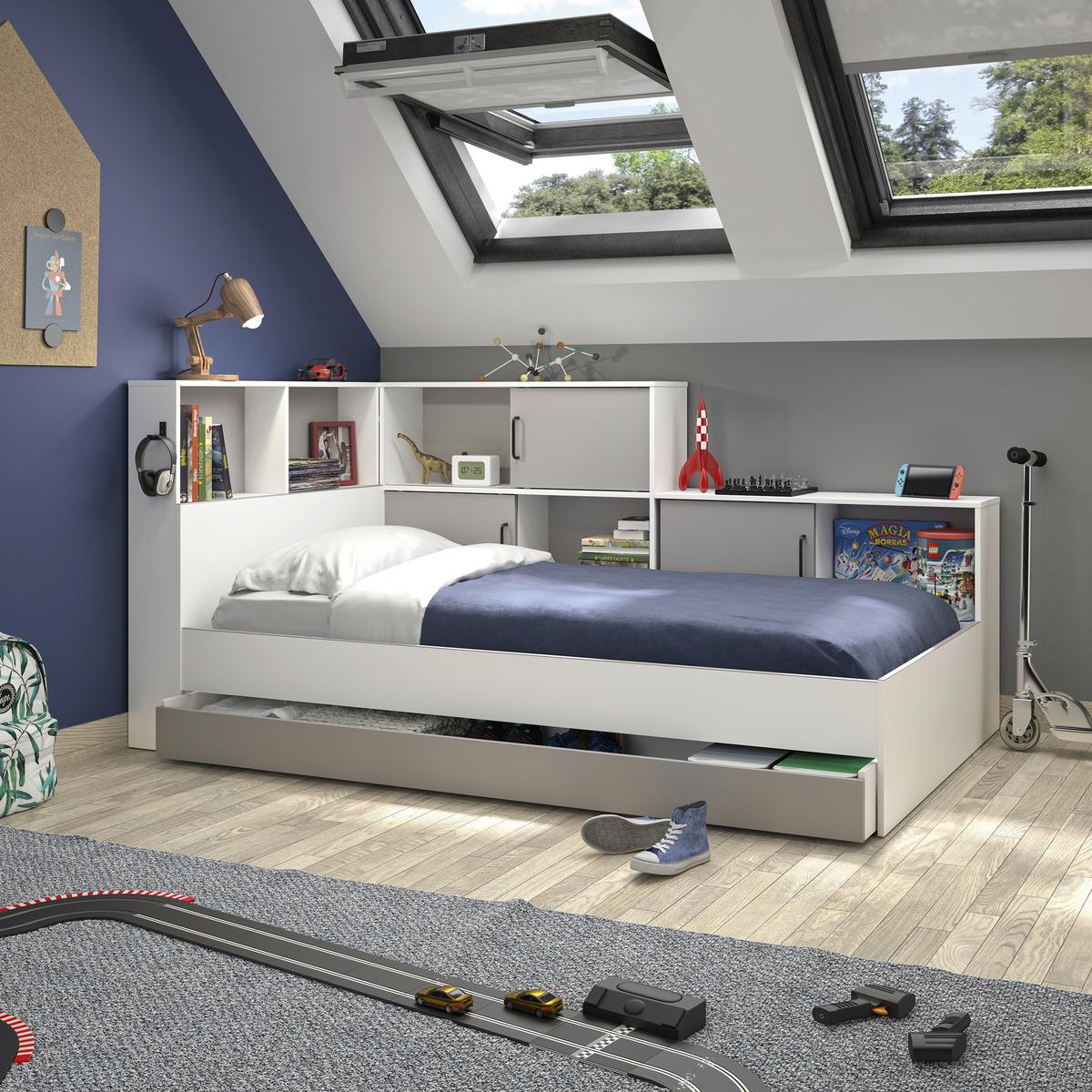 Postelja S Predaalom Erwan, Bela, Siva, 90x200cm - siva/bela, Moderno, leseni material (90/200cm) - MID.YOU