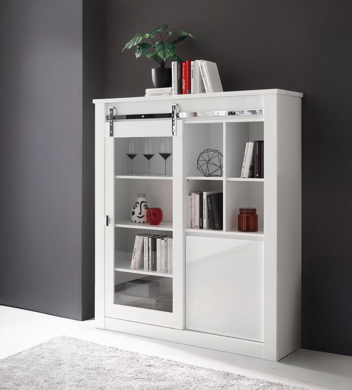 Vitrine Daytona Weiß - Chromfarben/Weiß Hochglanz, Design, Holzwerkstoff/Metall (133/152/38cm) - Livetastic