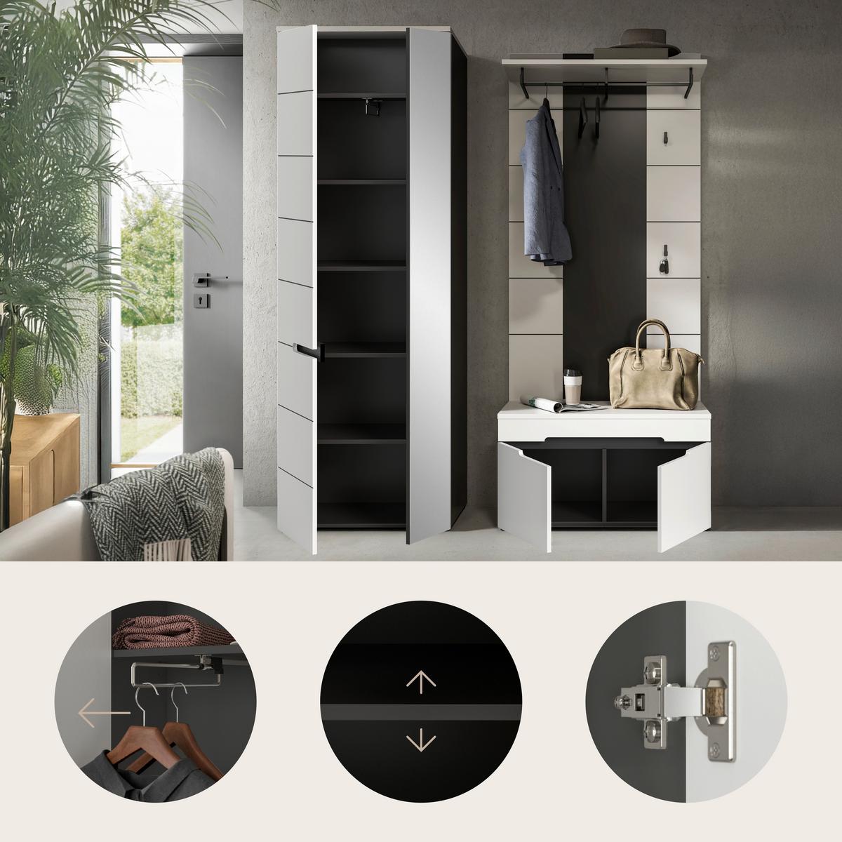 Predsoba Canu, Bela, Siva, 3-Delna - siva/bela, Basics, leseni material (160/190/37cm) - Livetastic