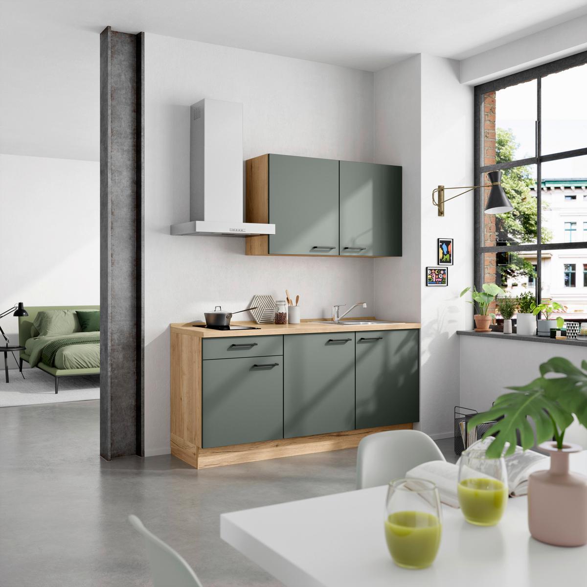 Küchenblock Easytouch Low m. Geräten Dunkelgrün - Dunkelgrün/Eichefarben, MODERN, Holzwerkstoff/Metall (180cm) - Nobilia