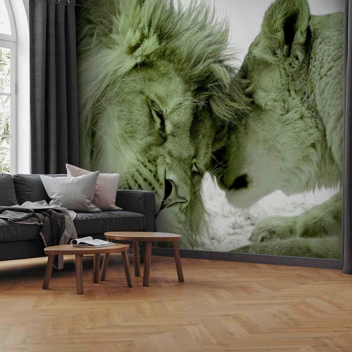 Fototapeta Lion Tenderness, 450x315cm - bela/svetlo zelena, Trendi, tekstil (450/315cm) - artgeist