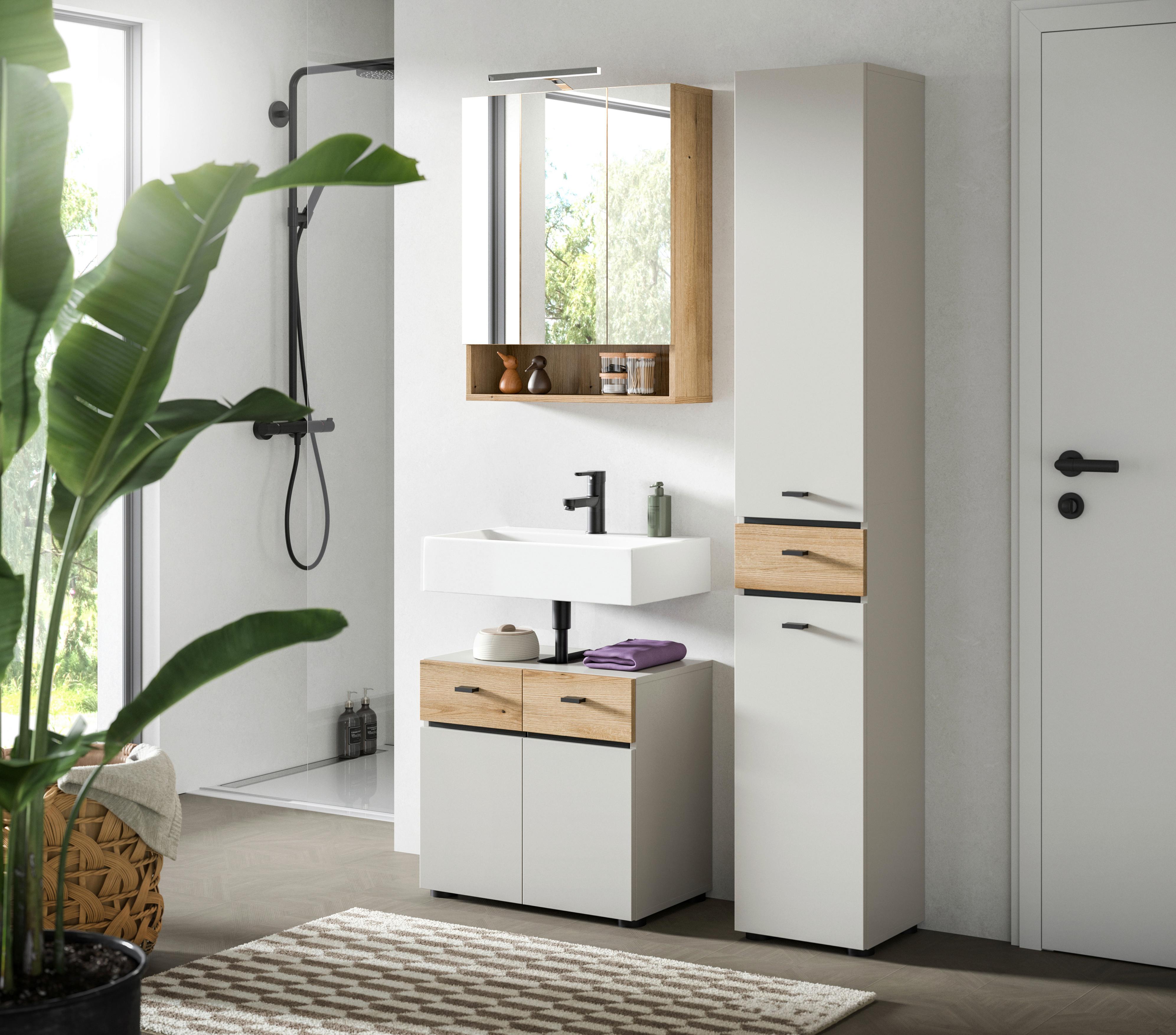 Badezimmer Aqua Eichefarben/Kaschmir - Kaschmir/Eichefarben, Trend, Glas/Holzwerkstoff (92cm) - MID.YOU