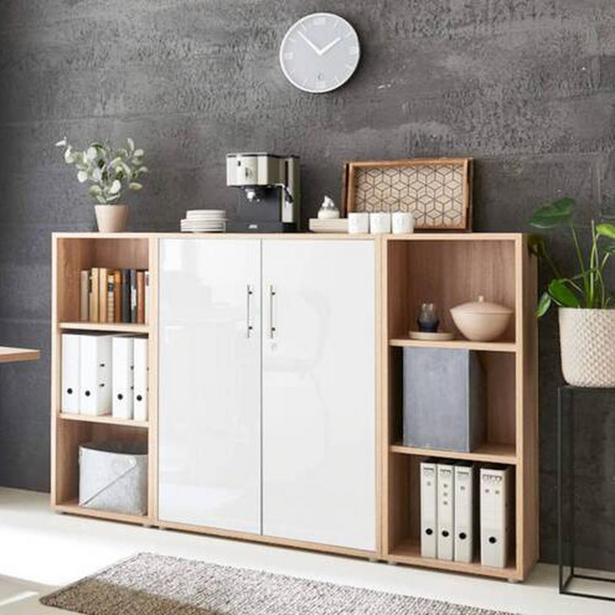 Aktenschrank Office Edition Sw Sonoma Eiche/Weiß Hochglanz - Weiß Hochglanz/Sonoma Eiche, MODERN, Holzwerkstoff (173/114/33cm) - MID.YOU