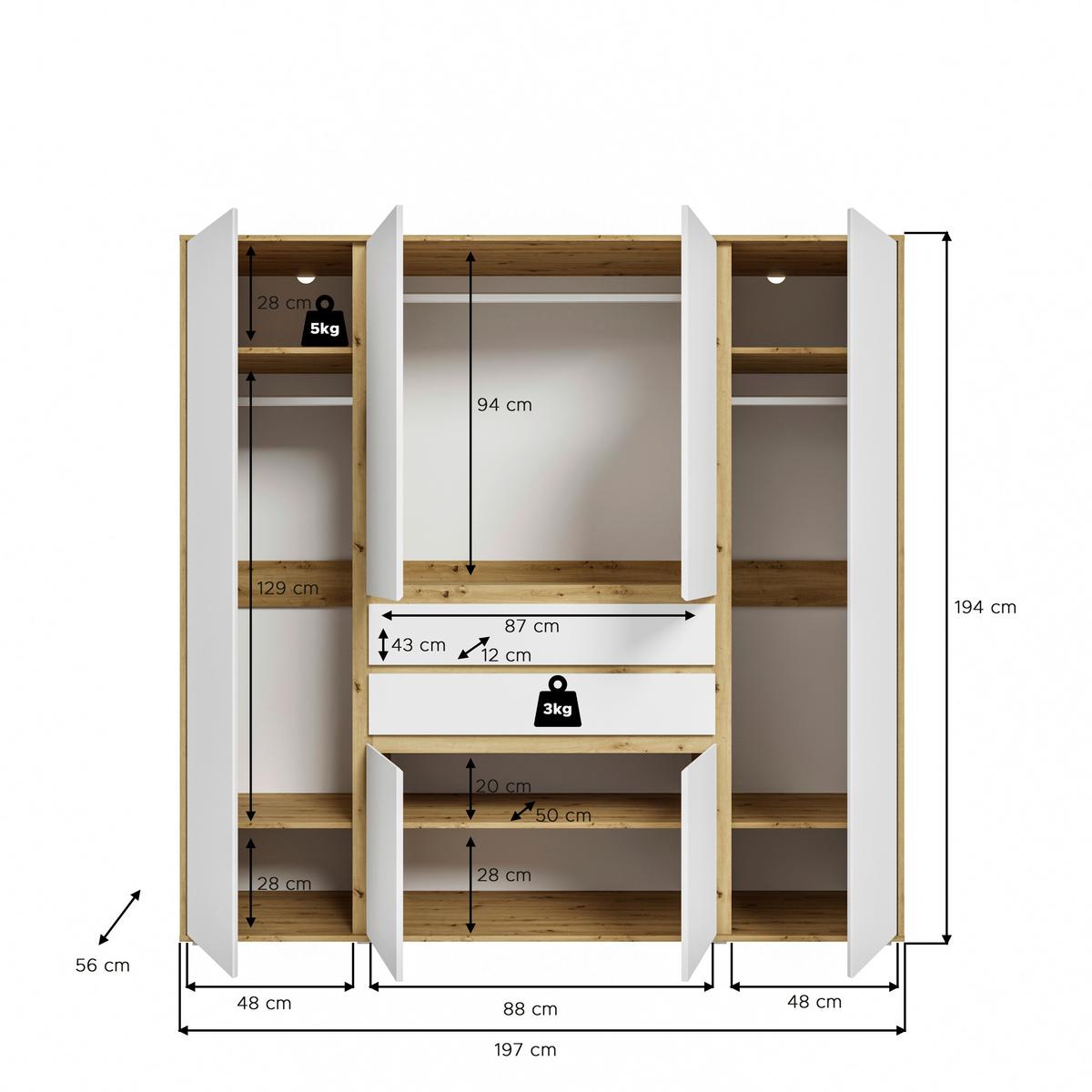 Drehtürenschrank Falun Weiß/Eiche Artisan - Weiß/Eiche Artisan, MODERN, Holzwerkstoff (197/194/56cm) - Livetastic