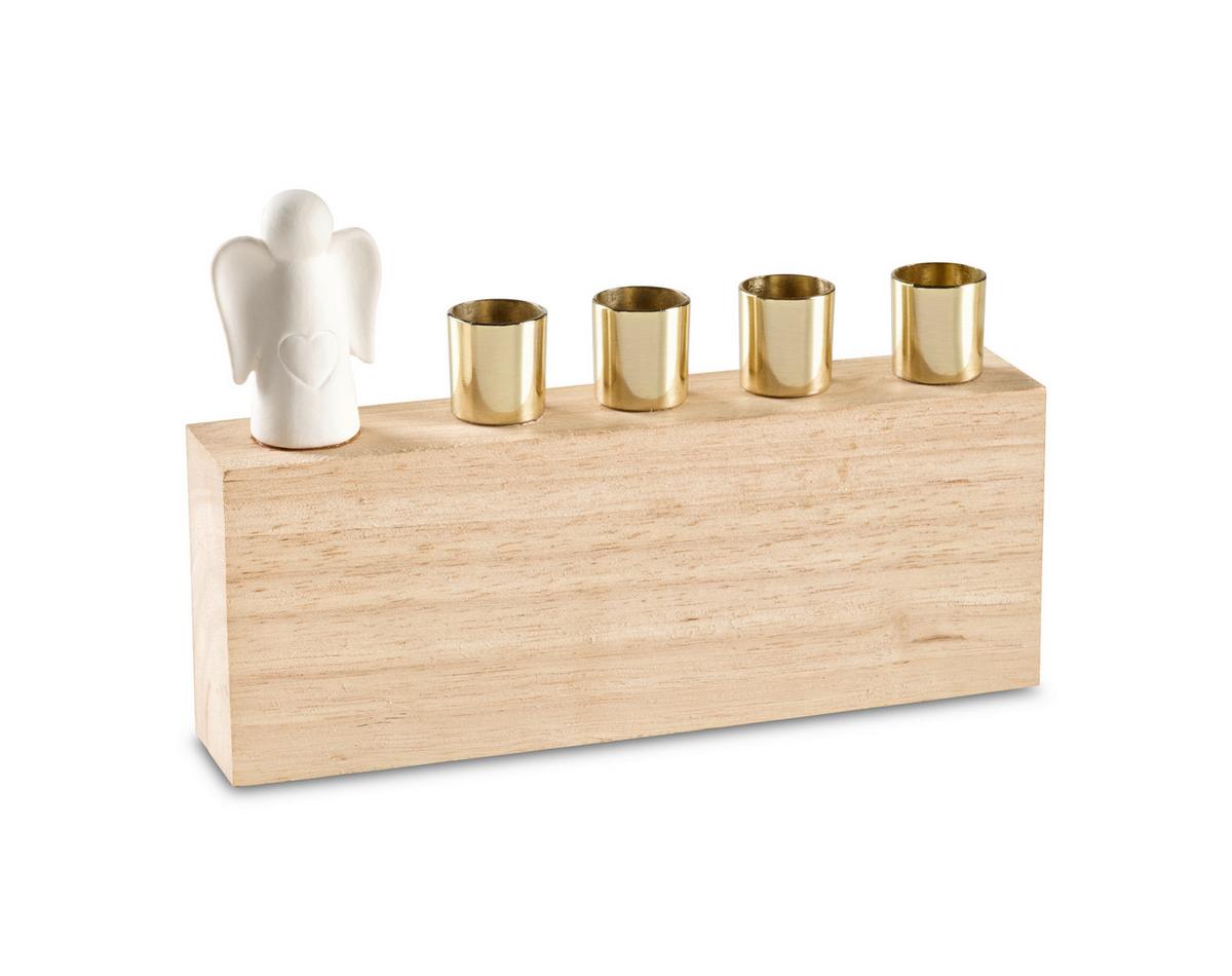Kerzenhalter Jana Naturfarben/Weiss/Gold - Weiss/Goldfarben, Konventionell, Holz/Keramik (21/14/4cm) - Modern Living
