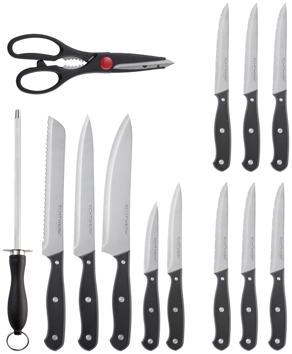 Messerblock Echtwerk Basic Silber-/Kieferfarben, 14-tlg. - Silberfarben/Kieferfarben, Trend, Holz/Metall (16/8,1/21,5cm) - Echtwerk