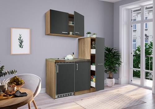 Miniküche Grau/Eichefarben m. Geräten B: ca. 130 cm - Eichefarben/Grau, MODERN, Holzwerkstoff (130cm) - Respekta