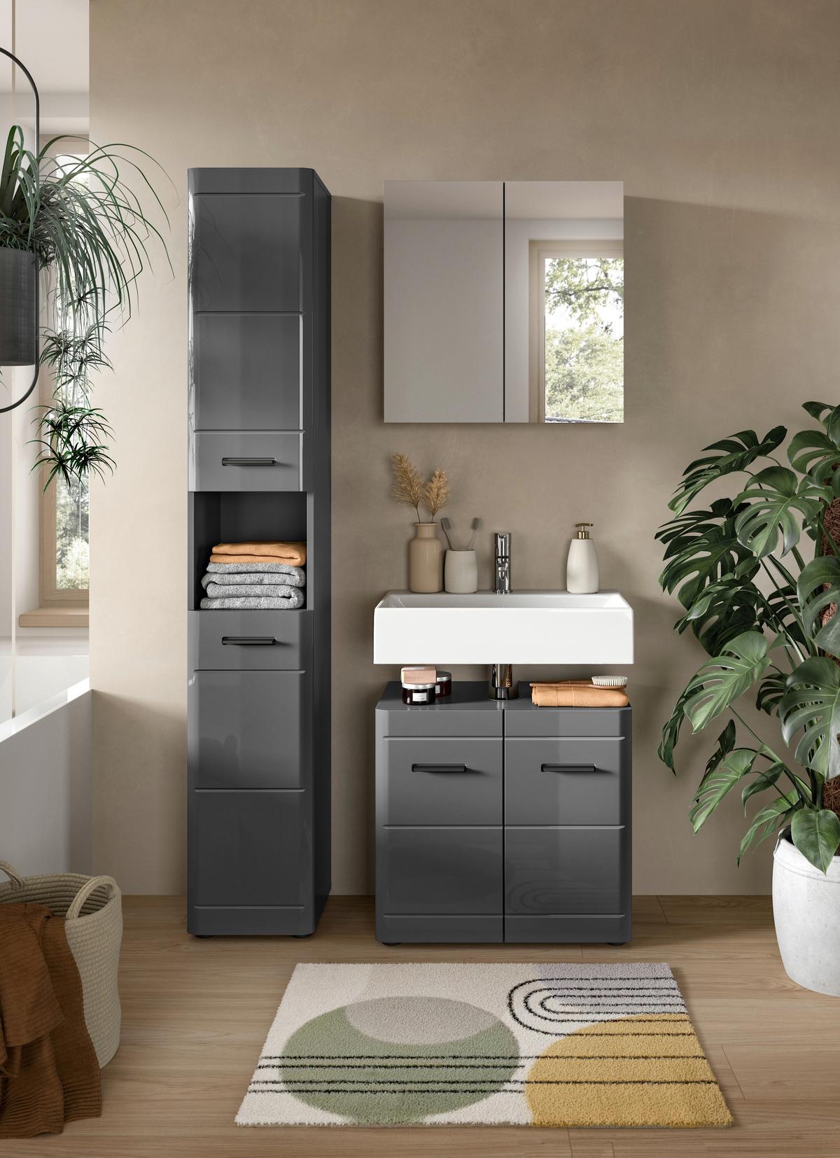 Badezimmer Soft 3-tlg. ca. 90 cm Grau hochglanz - Grau Hochglanz/Schwarz, MODERN, Holzwerkstoff/Kunststoff (90cm) - MID.YOU