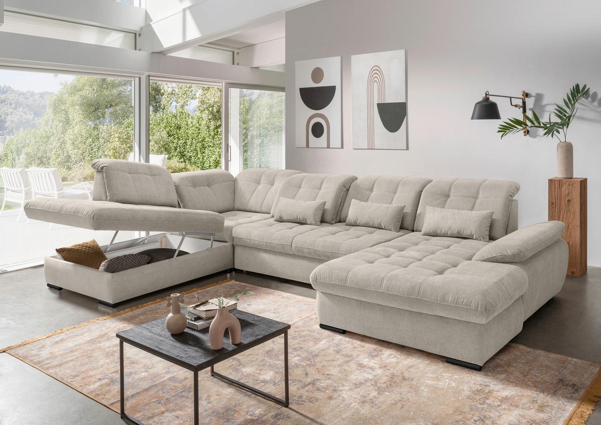 Wohnlandschaft Rigatti Beige Chenille mit Bettkasten - Beige/Schwarz, MODERN, Textil/Metall (252/387/184cm) - Livetastic