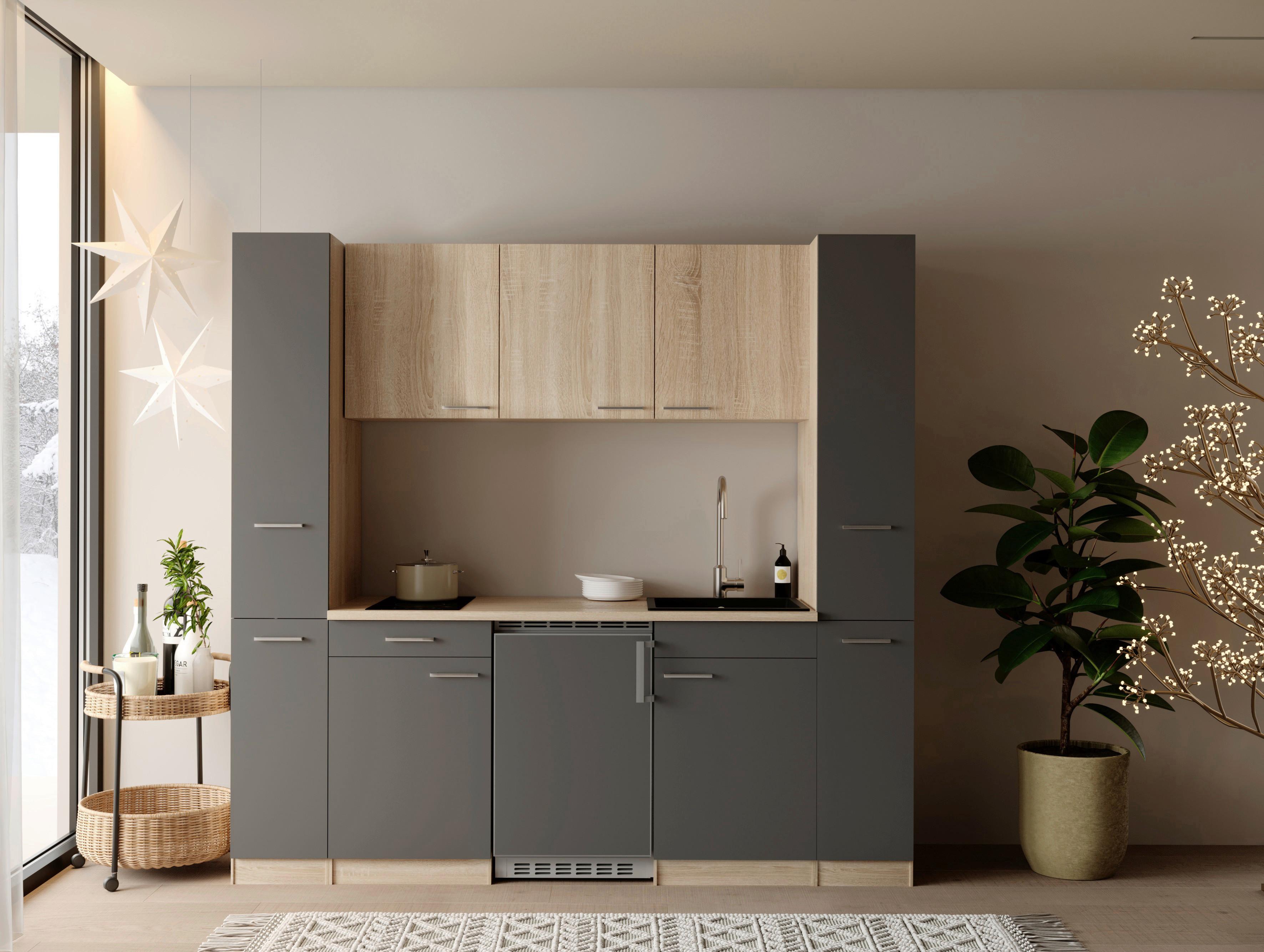 Küchenblock Ingrid m. Geräten Grau - Eichefarben/Alufarben, Design, Holzwerkstoff/Kunststoff (210cm) - Respekta