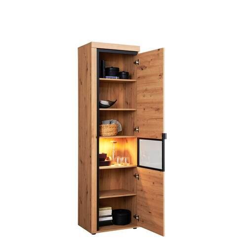 Vitrină NYON - culoare lemn stejar/negru, Modern, sticlă/material pe bază de lemn (56,8/200,1/40,5cm) - Modern Living