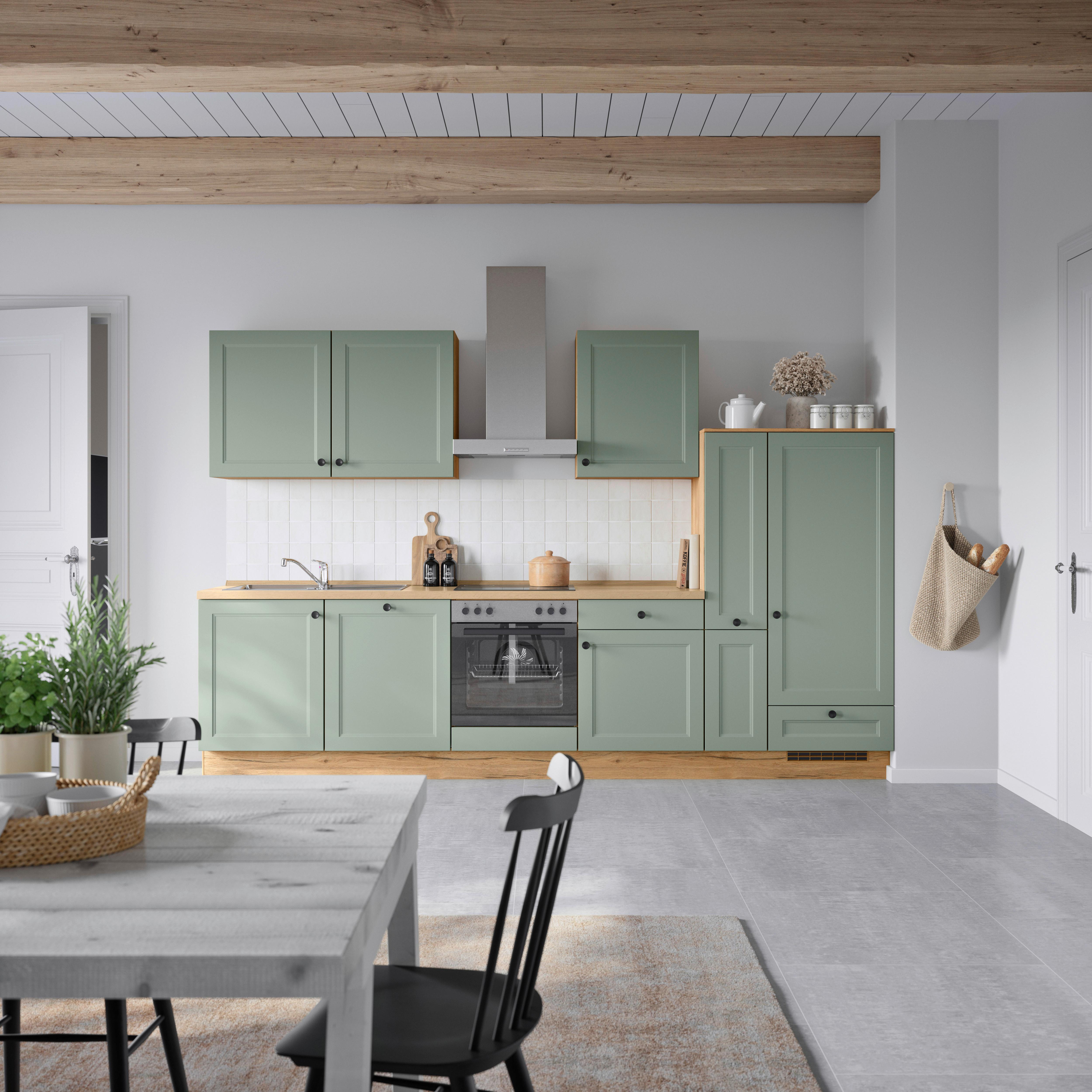 Küchenblock Cascada Low m. Geräten Schilfgrün - Schilfgrün/Eichefarben, MODERN, Holzwerkstoff/Metall (330cm) - Nobilia
