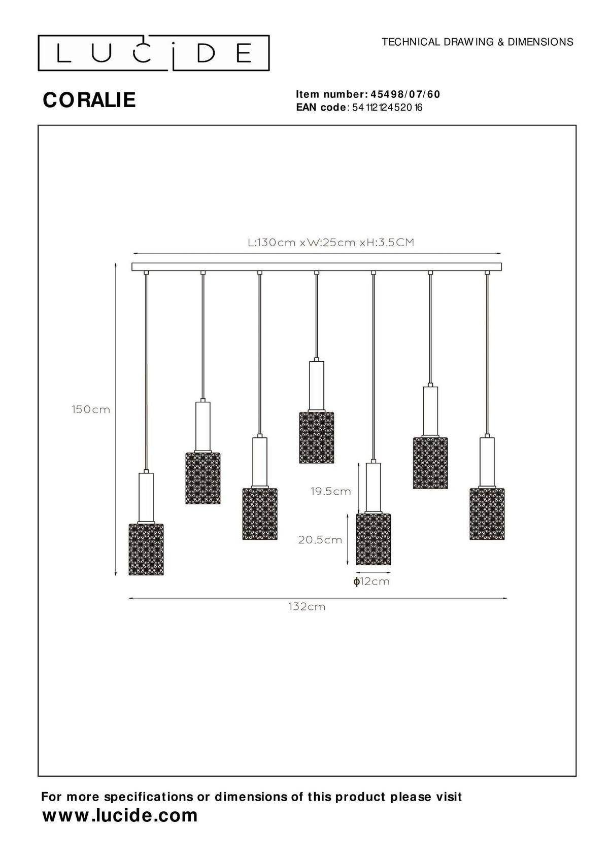 LAMPA WISZĄCA 45498/07/60 CORALIE - przezroczysty, Design, szkło (132/25/150cm) - Lucide