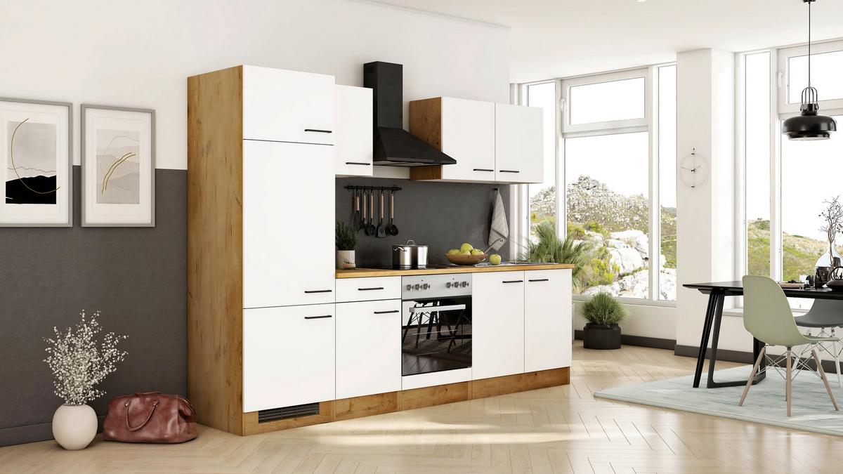 Küchenblock Avila m. Geräten Magnolie - Eichefarben/Magnolie, Trend, Holzwerkstoff/Metall (270cm) - FlexWell