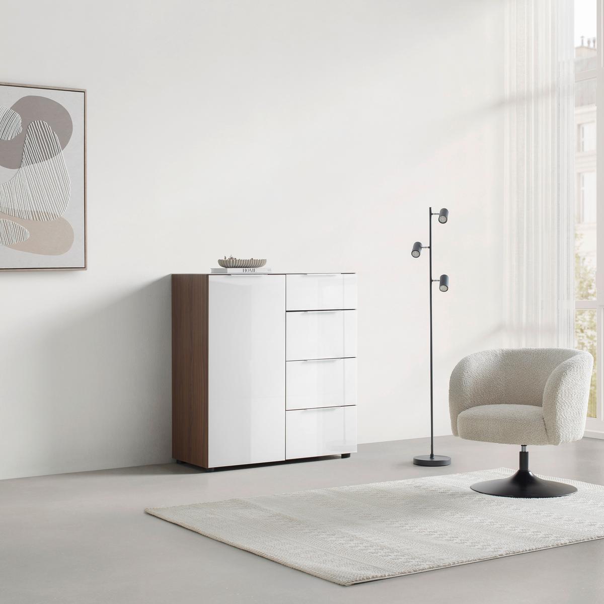 Kommode Siena Weiß/Nussbaumfarben - Silberfarben/Nussbaumfarben, MODERN, Glas/Holzwerkstoff (135/99/40cm) - Mömax