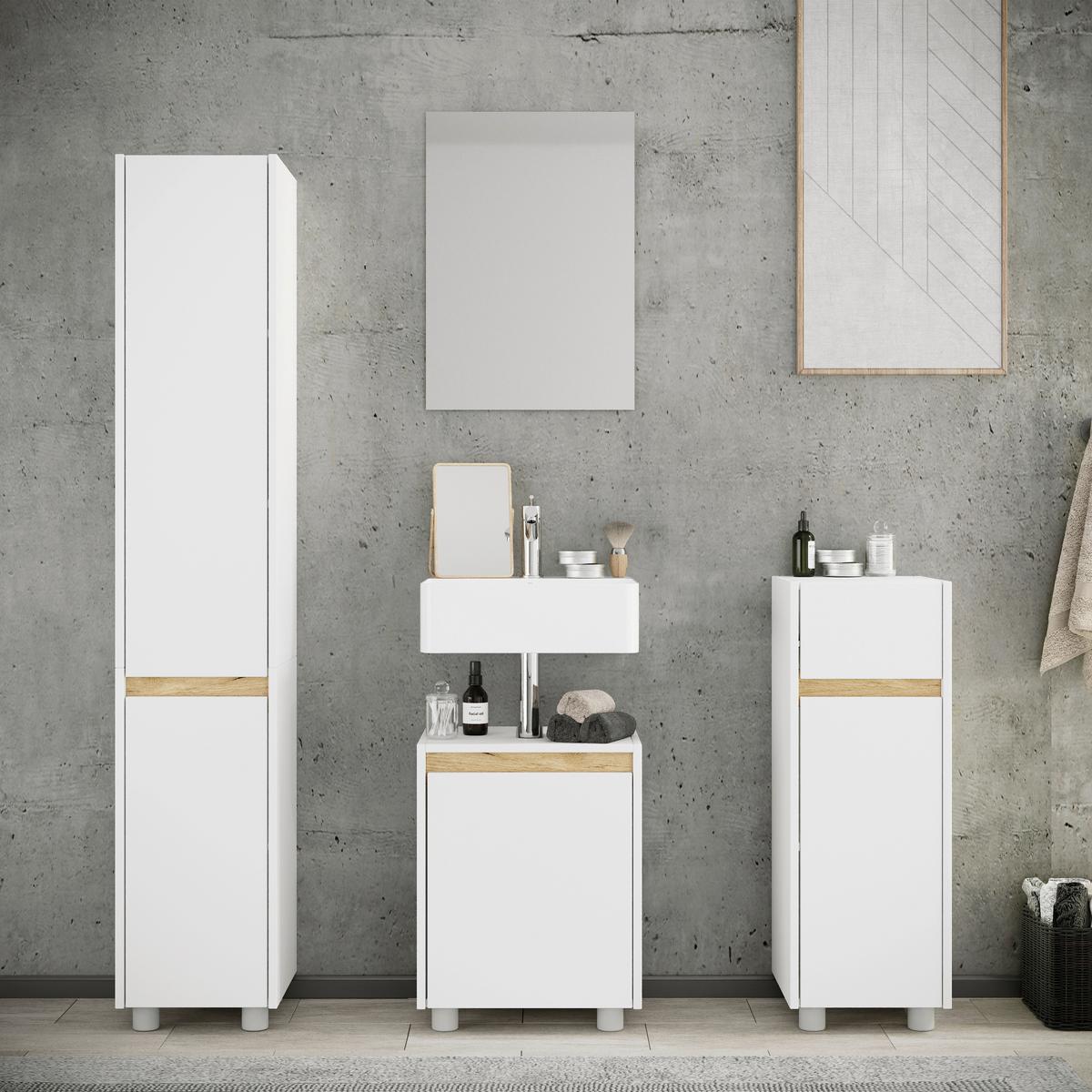 Badezimmer Cosila 4-tlg. Weiß/Honigeiche - Honigeiche/Silberfarben, Trend, Holzwerkstoff/Kunststoff (112cm) - MID.YOU