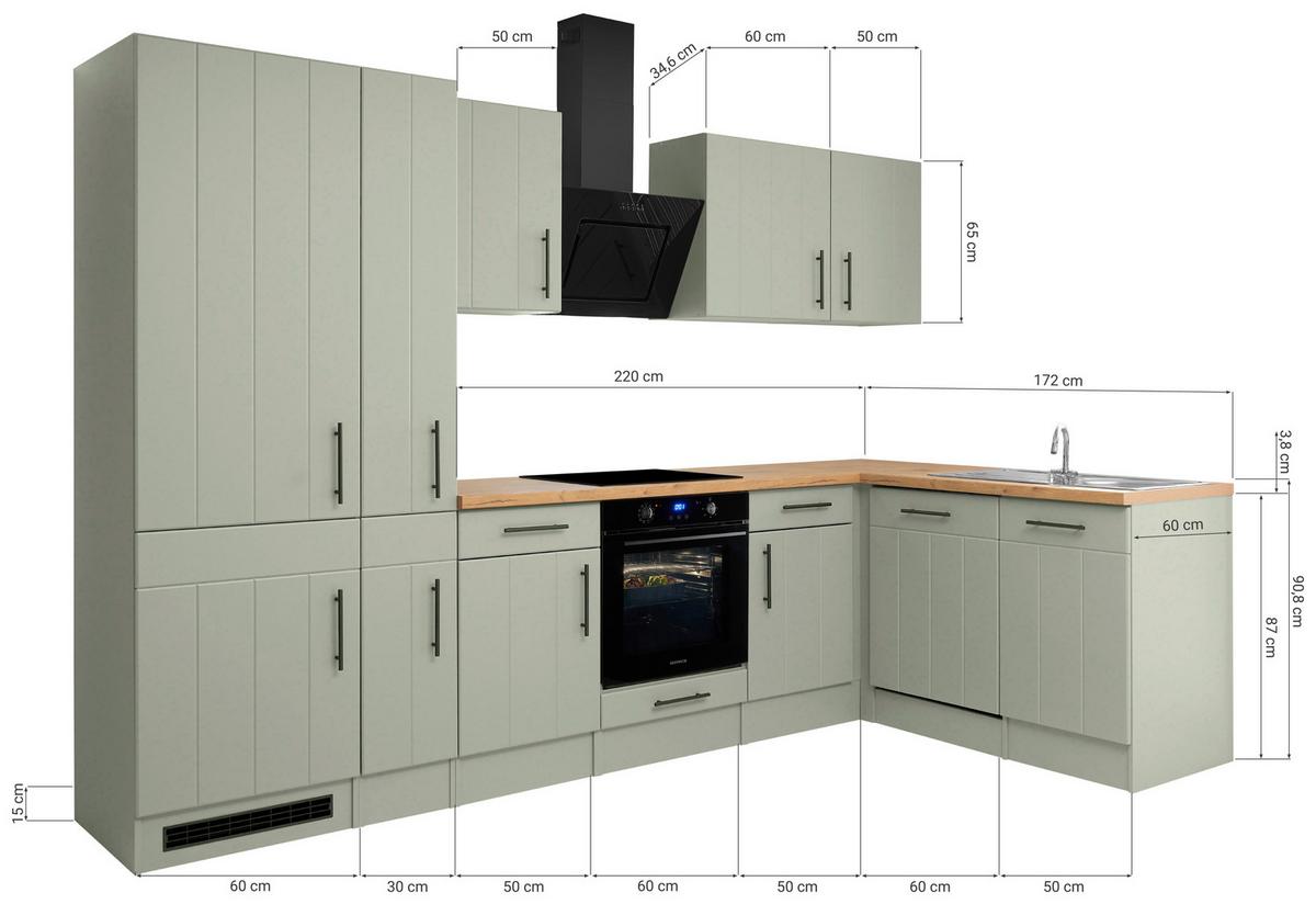 Eckküche Anton m. Geräte ca. 310x172cm Eiche/Schilfgrün - Schilfgrün/Wildeiche, Trend, Holzwerkstoff/Metall (310/172cm) - Respekta