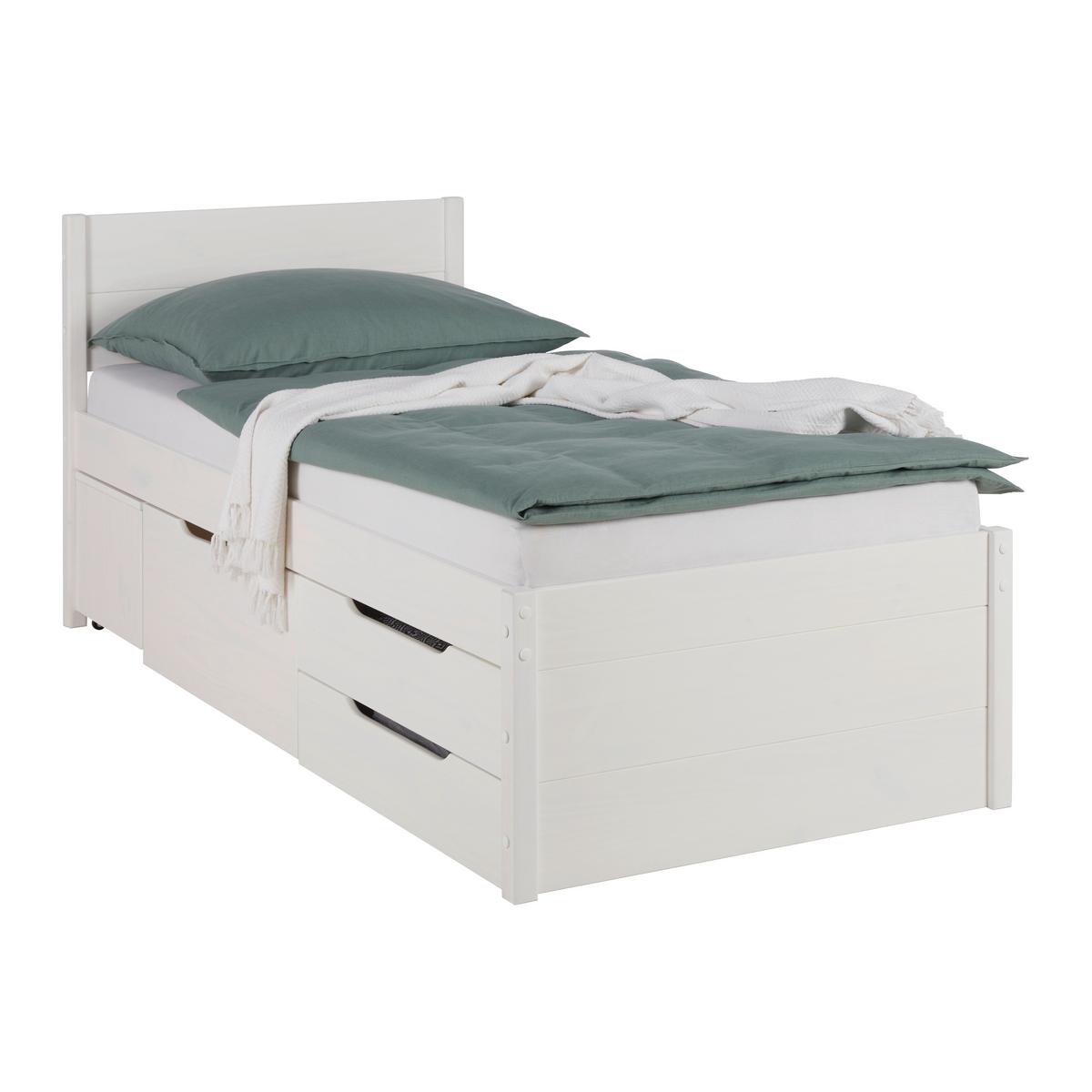 Stauraumbett in Weiß ca. 90x200cm - Weiss/Naturfarben, Konventionell, Holz (90/200cm) - Zandiara