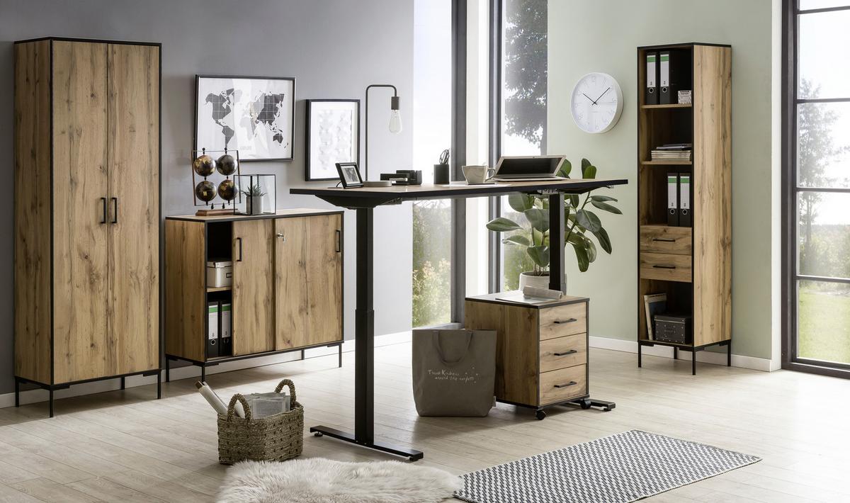 Schreibtisch Serie 2000 ca 160x75 cm Eiche - Eichefarben/Schwarz, KONVENTIONELL, Holzwerkstoff/Metall (160/70,5-117/75cm) - MID.YOU