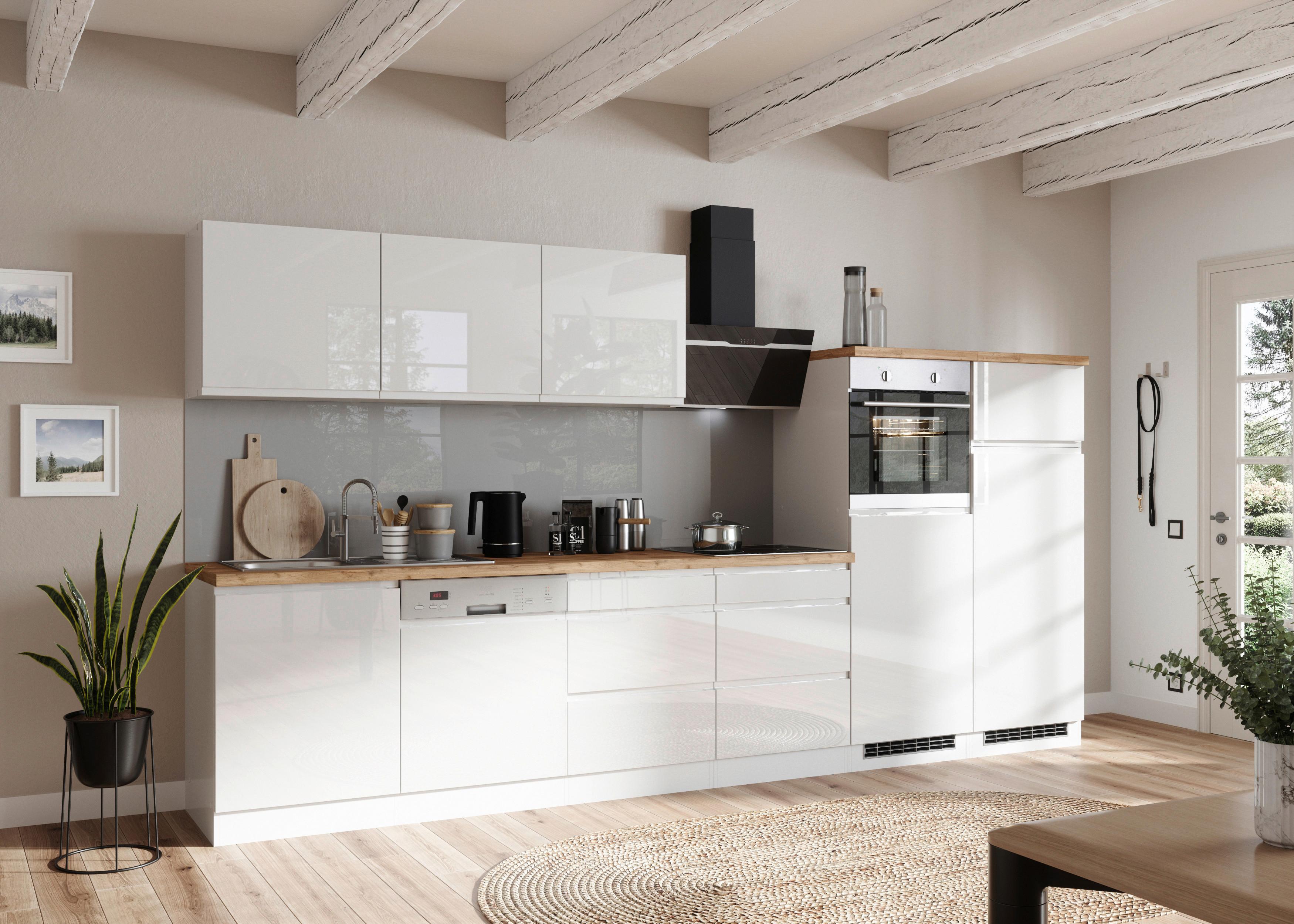 Küchenzeile Monza mit Geräten ca. 360 cm Weiß/Eiche - Weiß Hochglanz/Eiche Wotan, LIFESTYLE, Holzwerkstoff (360cm) - Held