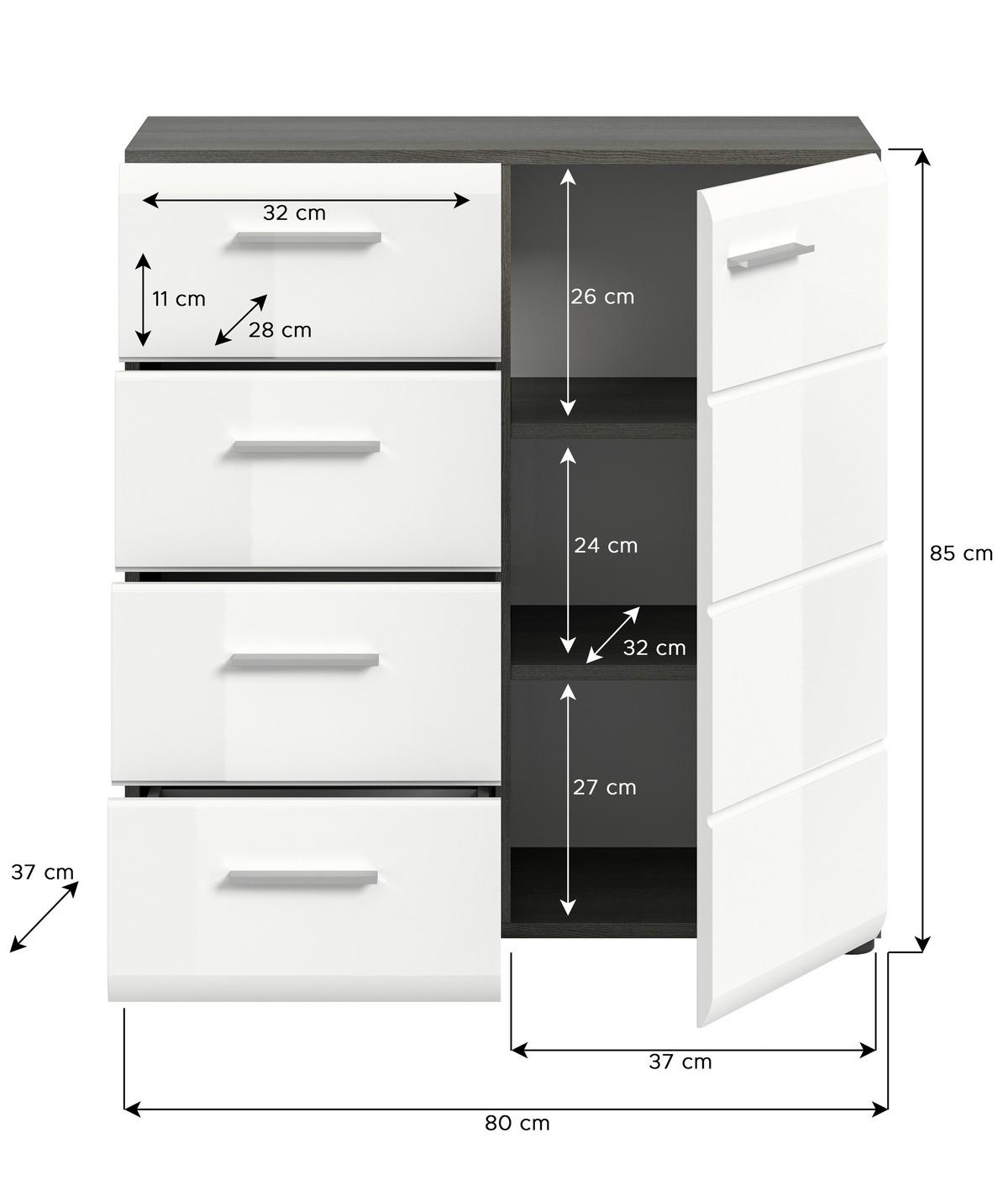Kommode Salsa ca. 80x85x37 cm Weiß/Rauchsilb - Weiß Hochglanz/Silberfarben, Design, Holzwerkstoff/Kunststoff (80/85/37cm) - MID.YOU