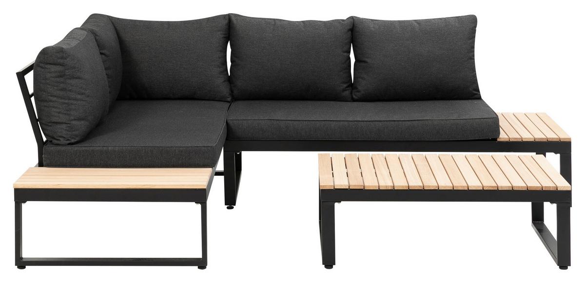Loungegarnitur 3-tlg Rio Echtholz/Metall mit Kissen - Anthrazit/Braun, MODERN, Holz/Textil (178/68/228,5cm) - Gardenson