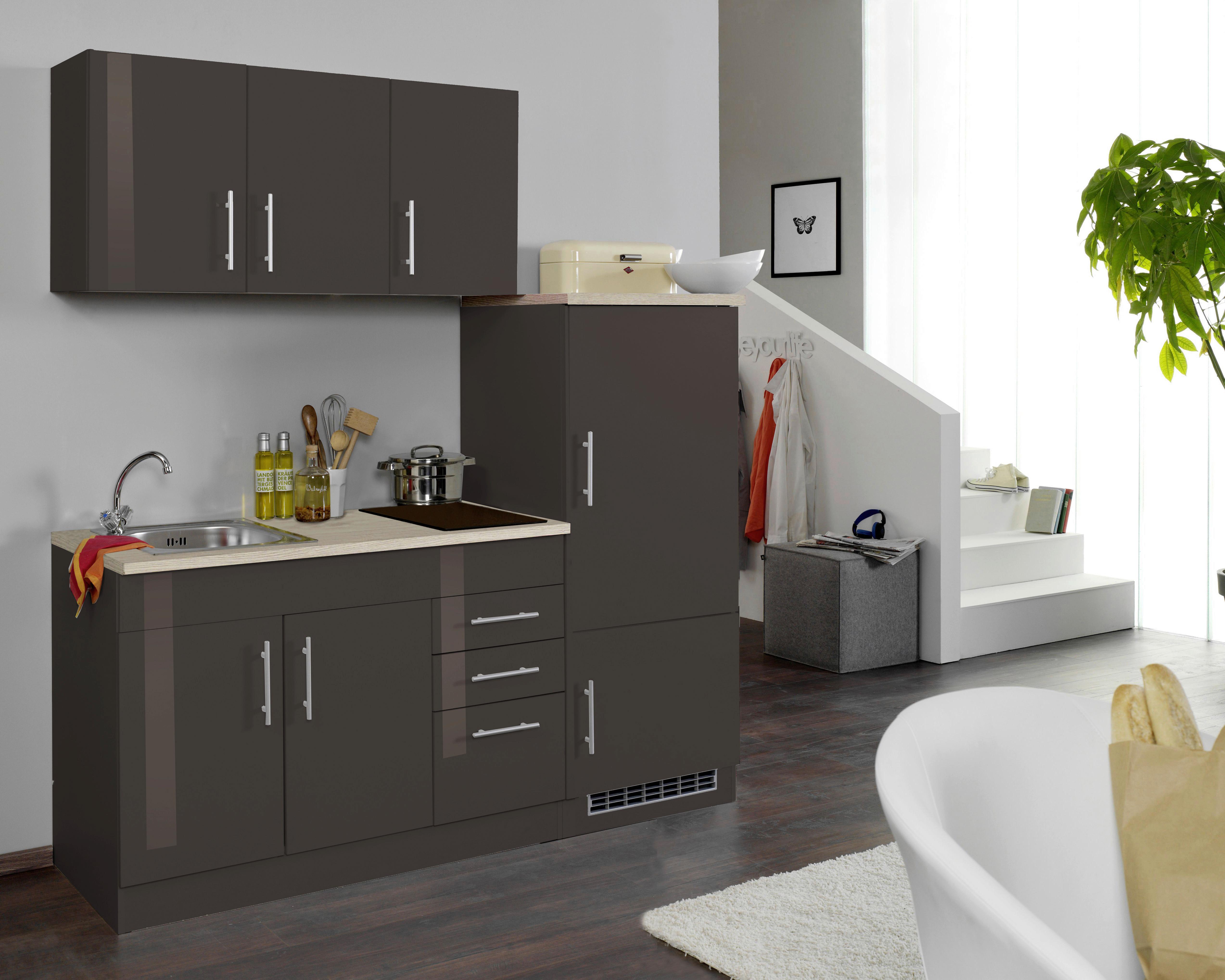 Küchenblock Toronto I m. Geräten Grau Hochglanz - Chromfarben/Grau Hochglanz, MODERN, Holzwerkstoff/Metall (180cm) - Held