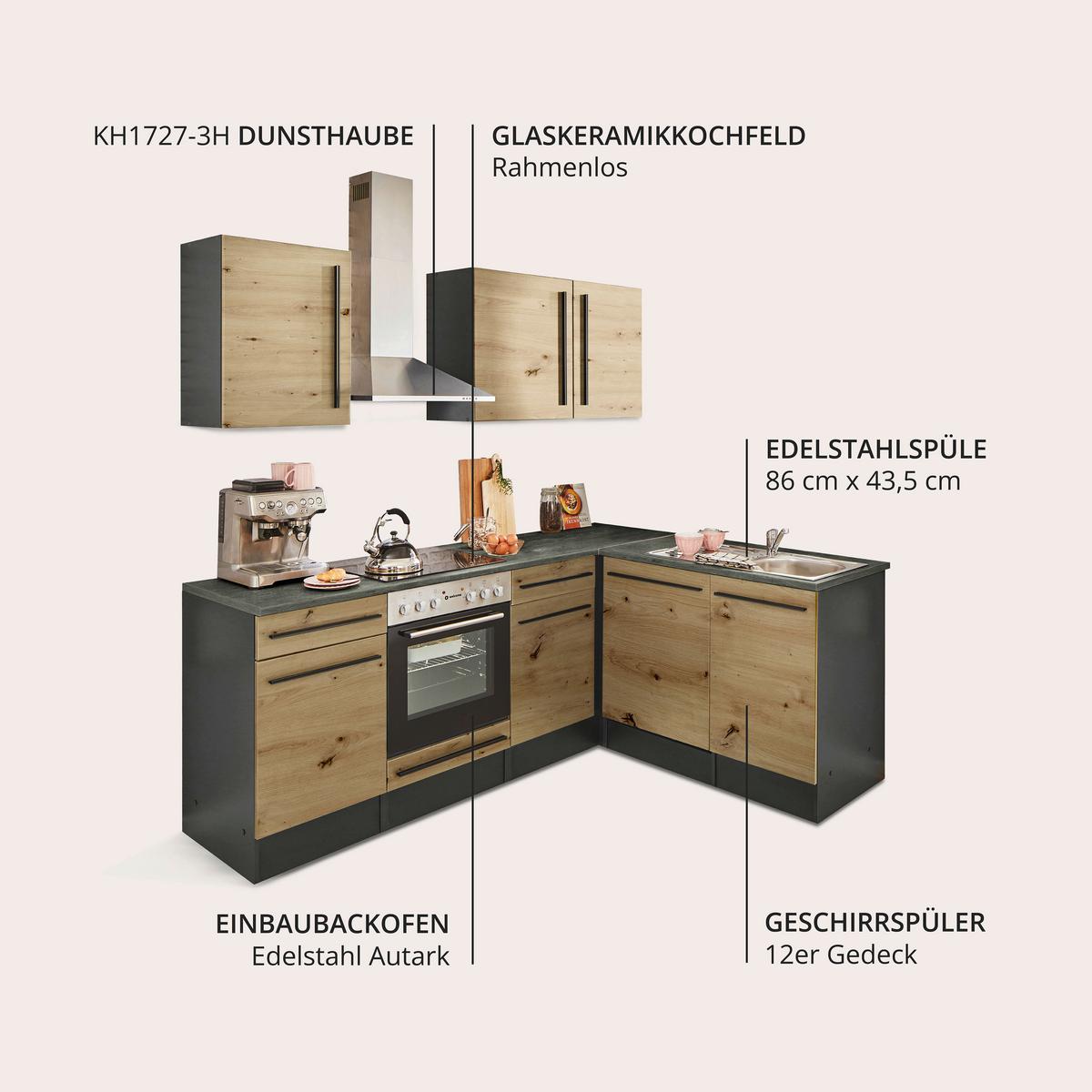 Eckküche Jazz mit Geräten ca.220x175cm Eiche/Anthrazit - Anthrazit/Schwarz, LIFESTYLE, Holzwerkstoff/Kunststoff (220/175cm) - P & B