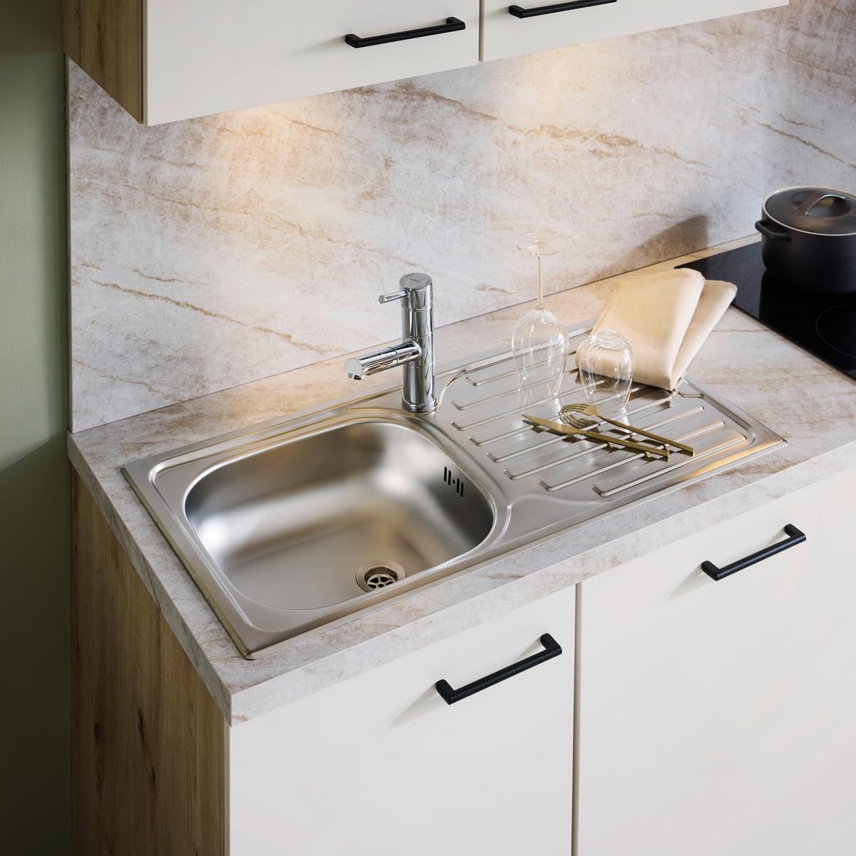 Küchenblock IP1200 o. Geräte Weiß/Eiche - Eichefarben/Schwarz, MODERN, Holzwerkstoff/Metall (310cm) - Impuls