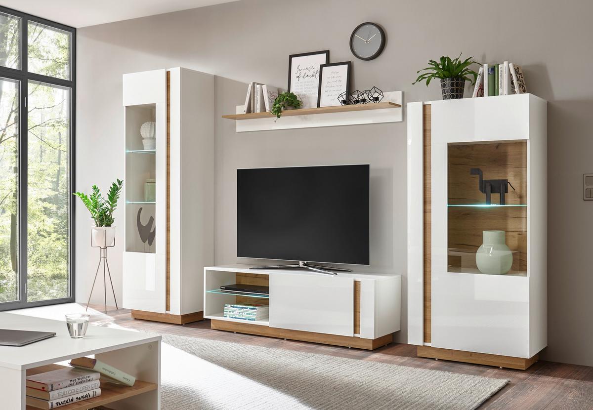 Wohnwand Clair Weiß/Eichefarben - Eichefarben/Weiß, Design, Glas/Holzwerkstoff (290/194/40cm) - MID.YOU