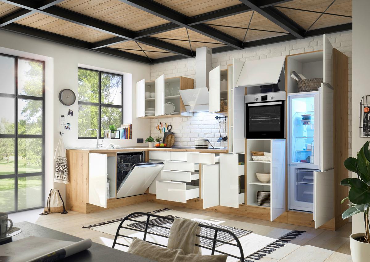 Eckküche Marleen mit Geräten Weiß Hochgl/Eiche ca.370x170cm - Weiß Hochglanz/Alufarben, LIFESTYLE, Holzwerkstoff/Kunststoff (170/370cm) - Respekta