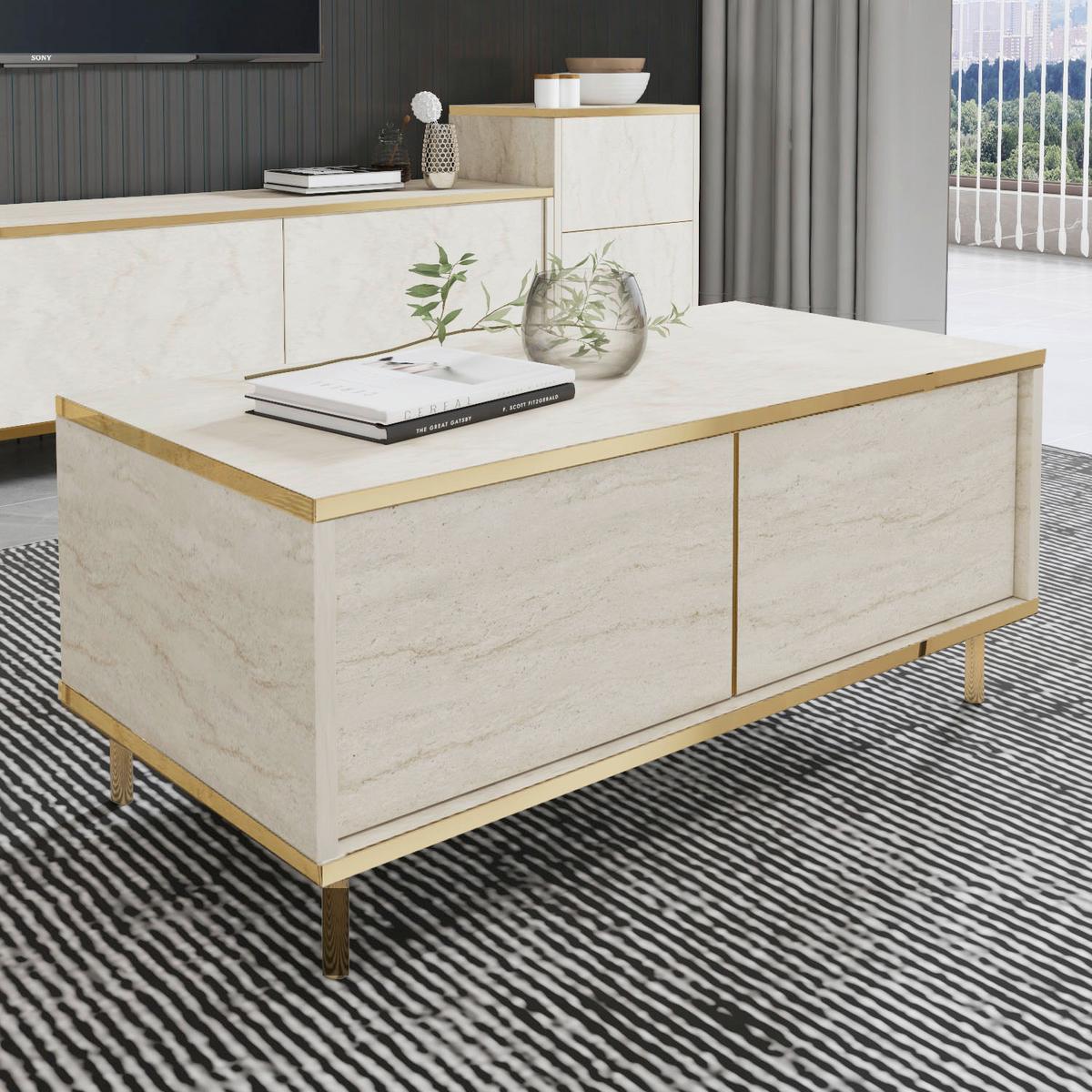 COUCHTISCH IMAJ COUCHTISCH - Beige/Goldfarben, Design, Holzwerkstoff/Metall (90/45/40cm) - Livetastic