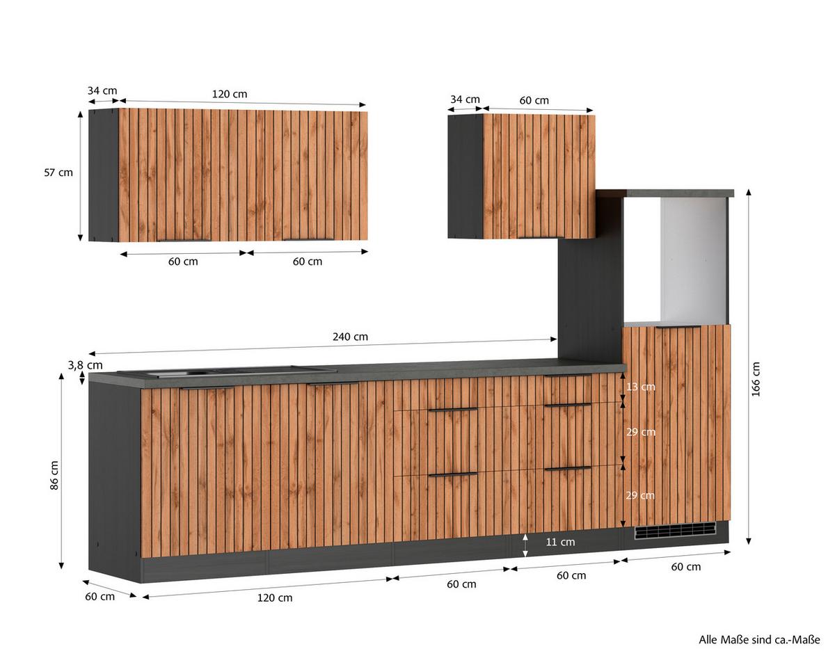 Küchenleerblock Liverpool o. Geräte Graphit/Eichefarben - Schieferfarben/Eiche Wotan, Basics, Holzwerkstoff/Metall (300cm) - Held