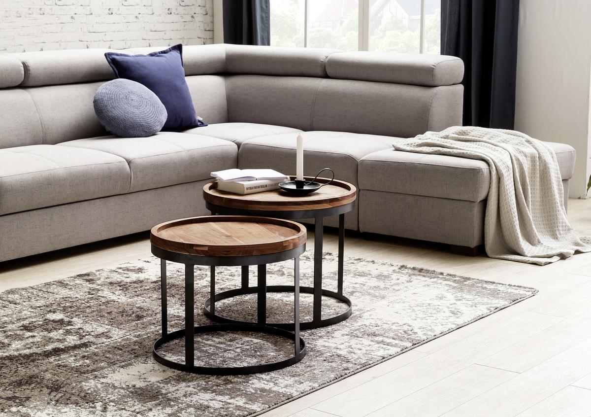 Beistelltischset "Akola", 2-er Set, aus Sheesham - Sheeshamfarben/Schwarz, Design, Holz/Metall (53/53/45cm) - MID.YOU