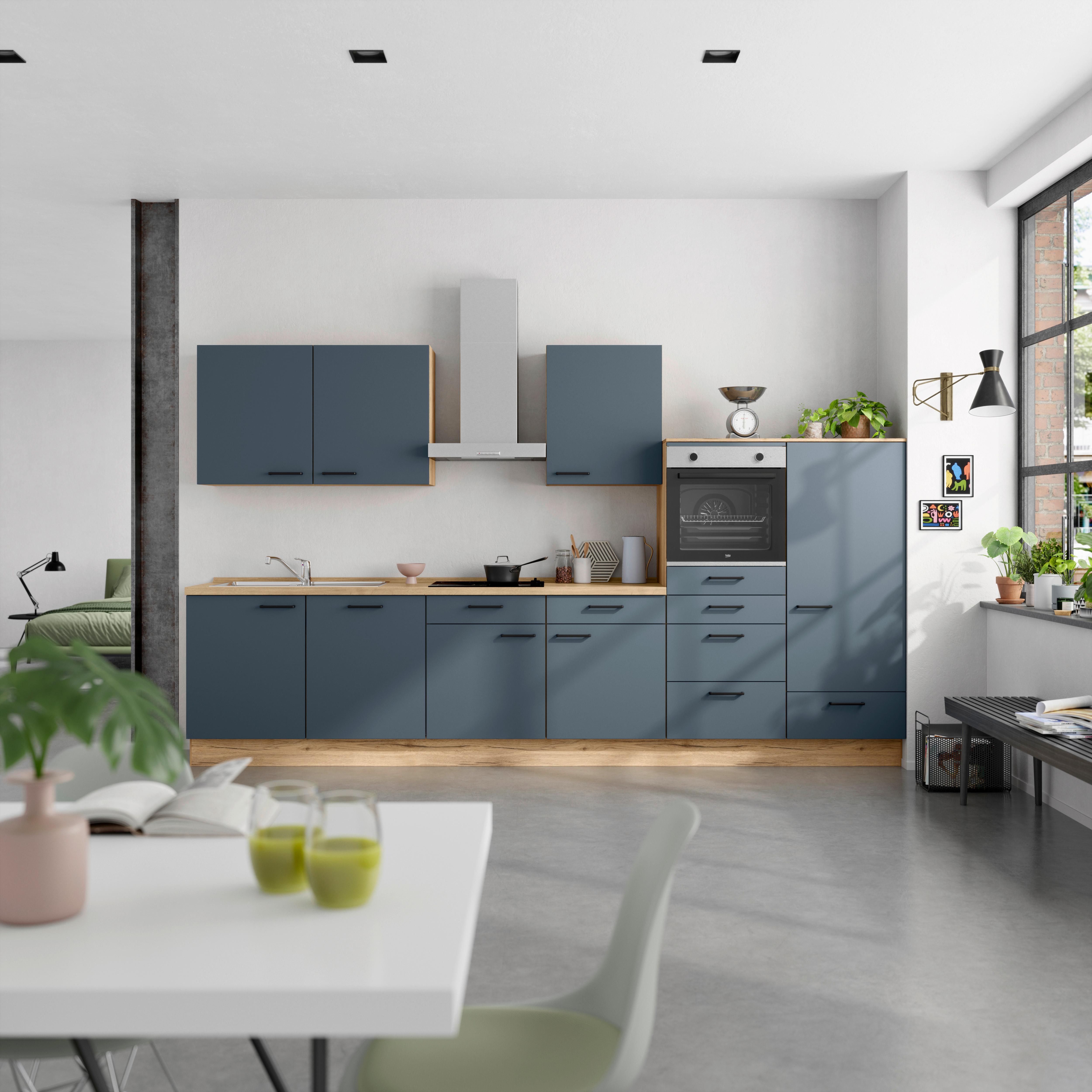 Küchenblock Easytouch Low m. Geräten Blau - Blau/Eichefarben, MODERN, Holzwerkstoff/Metall (360cm) - Nobilia