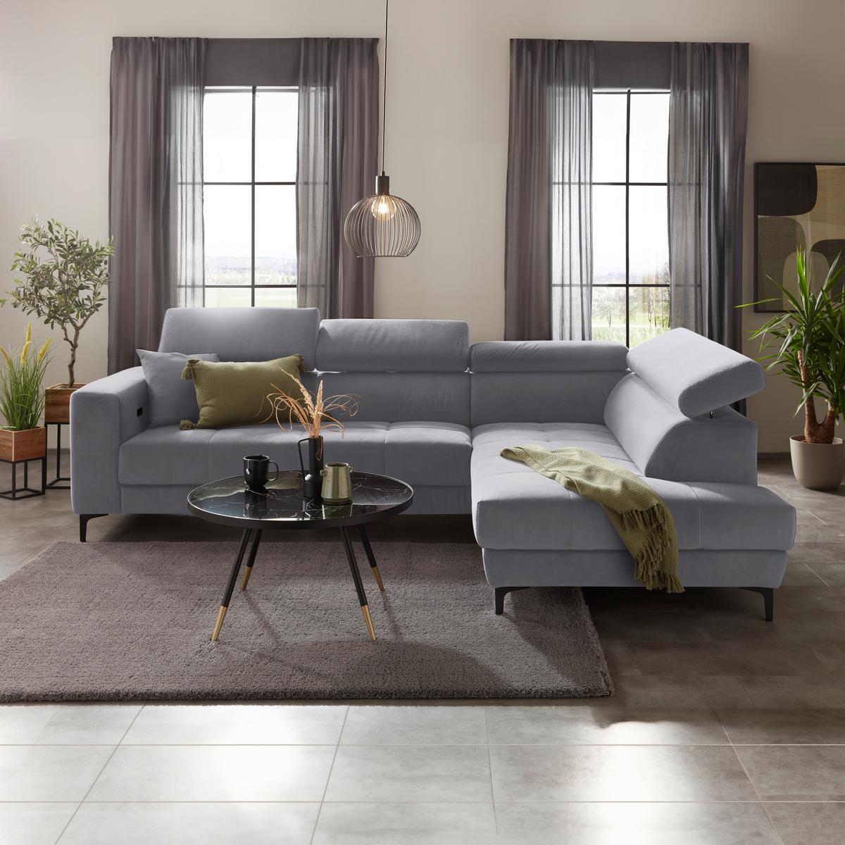 Ecksofa Emma rechts Grauweiß - Grauweiß/Schwarz, MODERN, Textil (301/47/210cm) - Premium Living