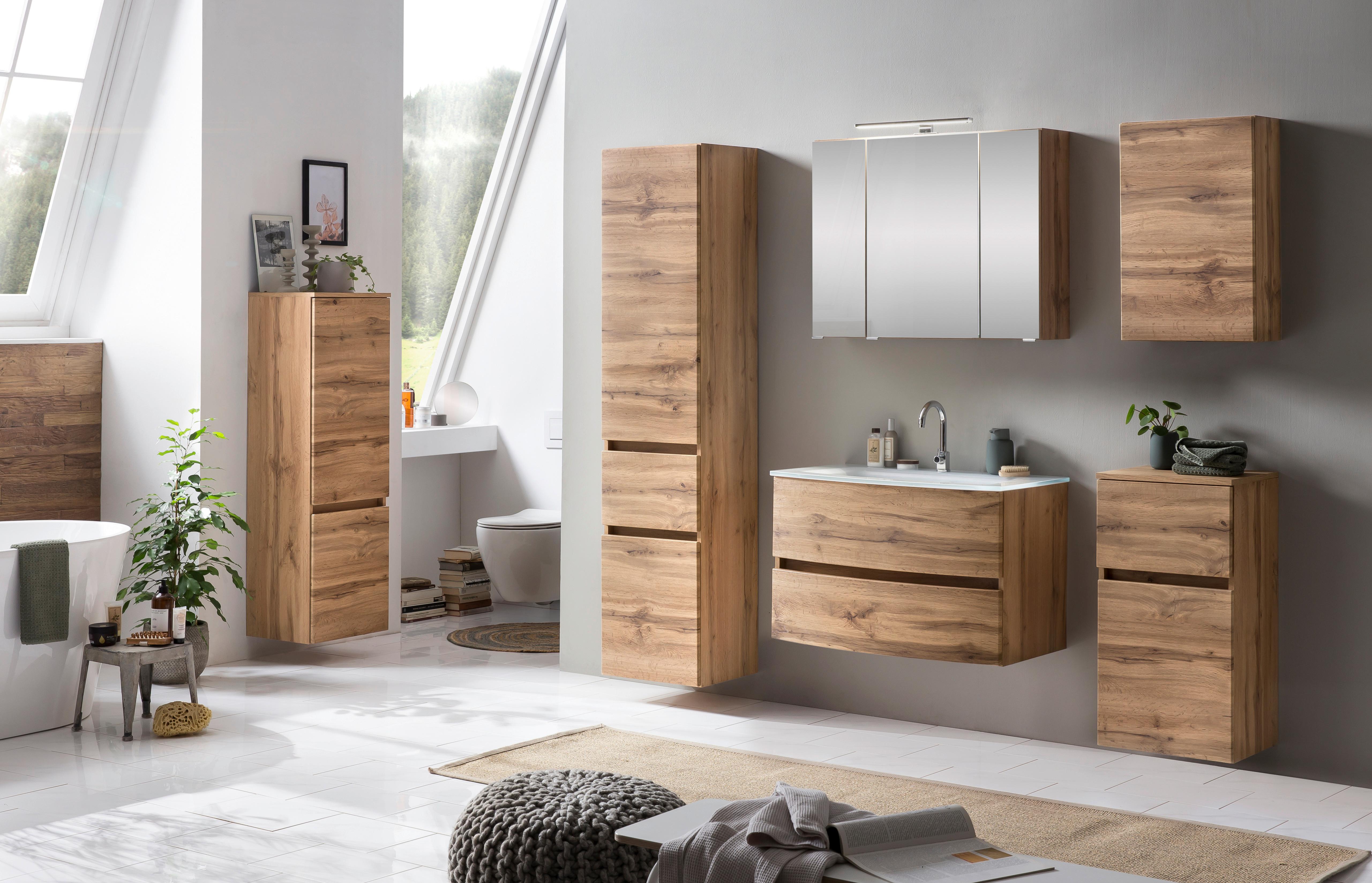 Spiegelschrank Kopenhagen mit LED 3-türig ca. 80x64 cm Eiche - Chromfarben/Eichefarben, KONVENTIONELL, Glas/Holzwerkstoff (80/64/20cm) - Held