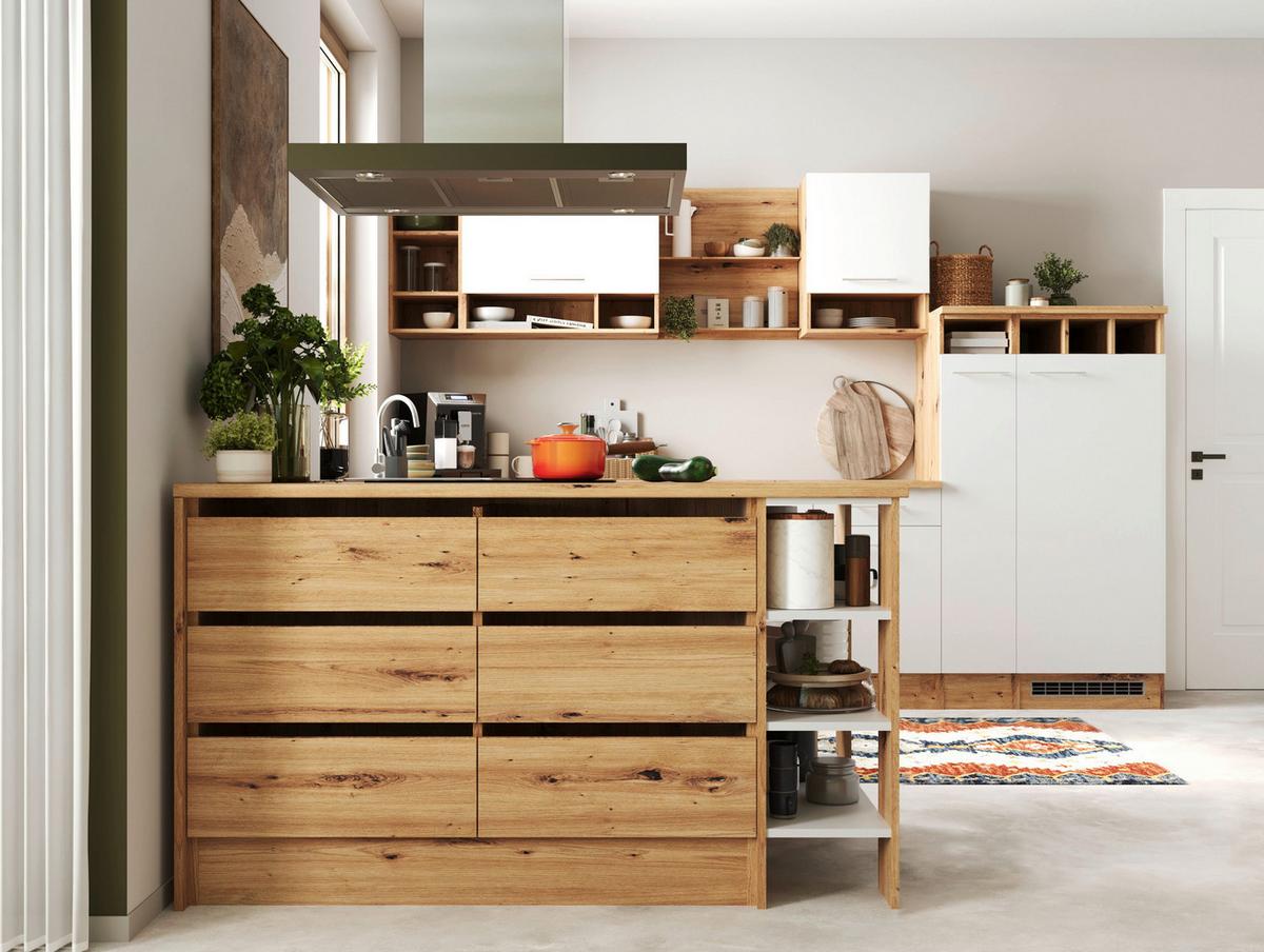 Küchenblock Hilde m. Insel m. Geräten ca.310cm Eiche/Weiß - Wildeiche/Alufarben, Design, Holzwerkstoff/Metall (310-150cm) - Respekta