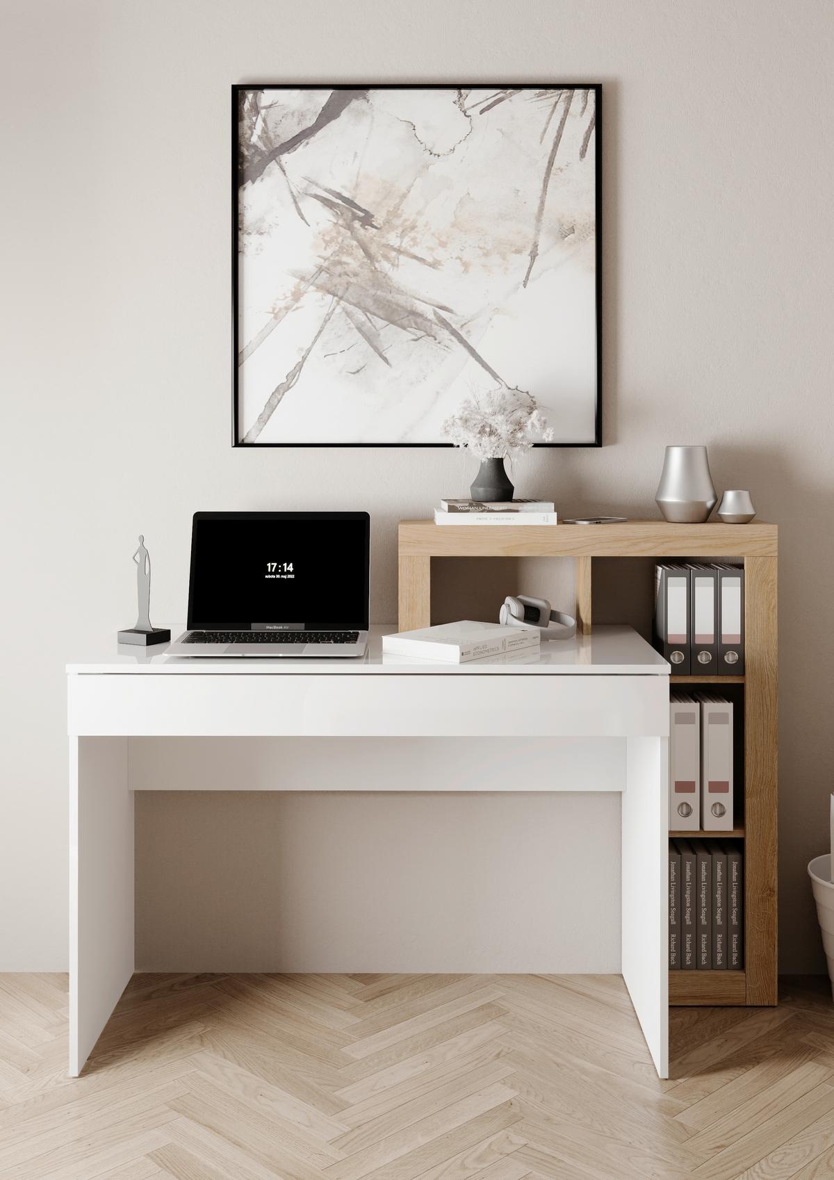 Schreibtisch Easy Office Eichefarben/Weiß - Eichefarben/Weiß Hochglanz, MODERN, Holzwerkstoff (138/99/50cm) - Mömax