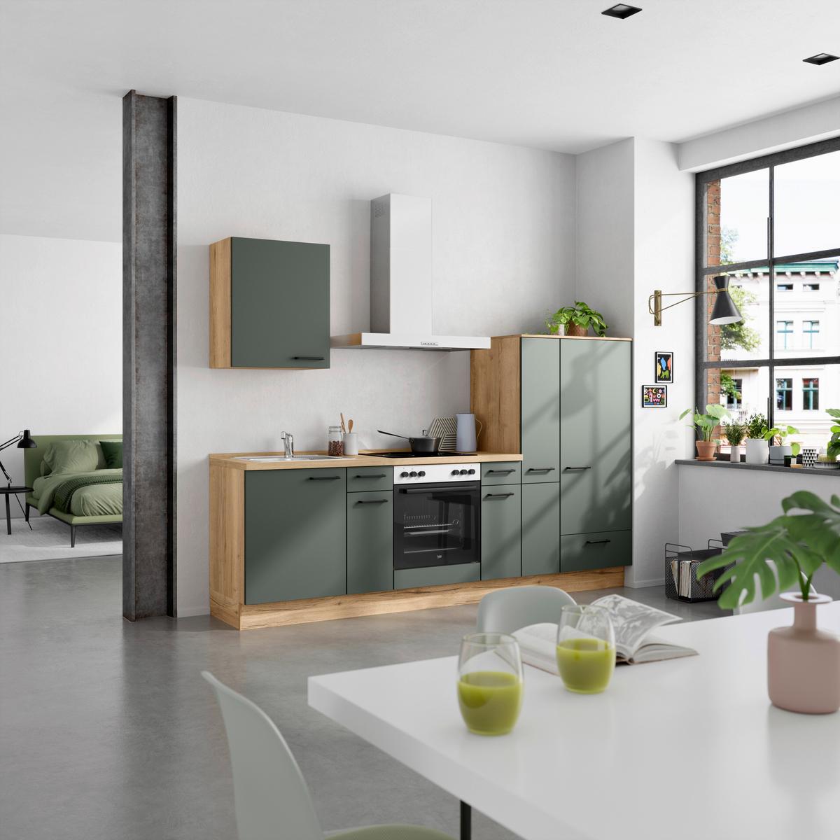 Küchenblock Easytouch m. Geräten Dunkelgrün - Dunkelgrün/Eichefarben, MODERN, Holzwerkstoff/Metall (270cm) - Nobilia