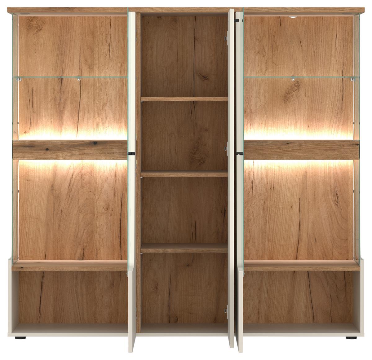 Vitrină CUT OUT - cașmir/culoare lemn stejar, Modern, sticlă/material pe bază de lemn (150/140/40cm) - Premium Living