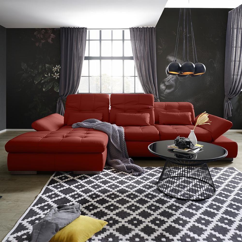 Wohnlandschaft Sanfino Leder Rot - Chromfarben/Rot, KONVENTIONELL, Leder/Metall (199/79-96/305cm) - Premium Living