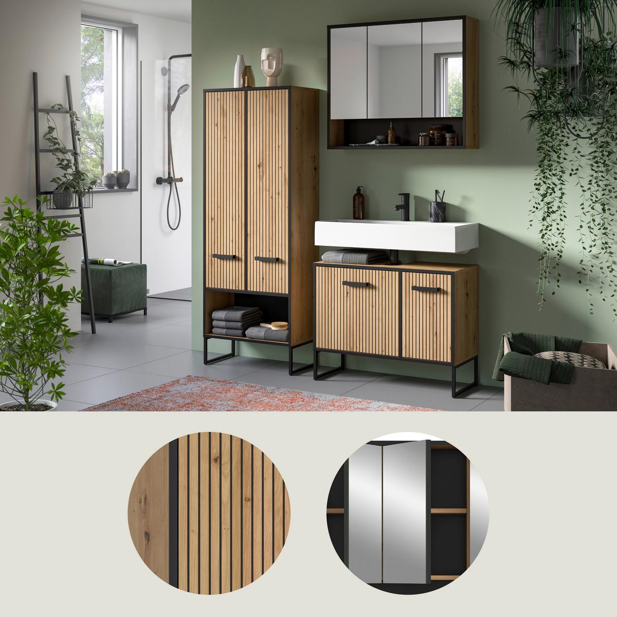 Badezimmer Bagno 3-tlg. Eiche Artisan/Schwarz - Schwarz/Eiche Artisan, Trend, Glas/Holzwerkstoff (139cm) - MID.YOU