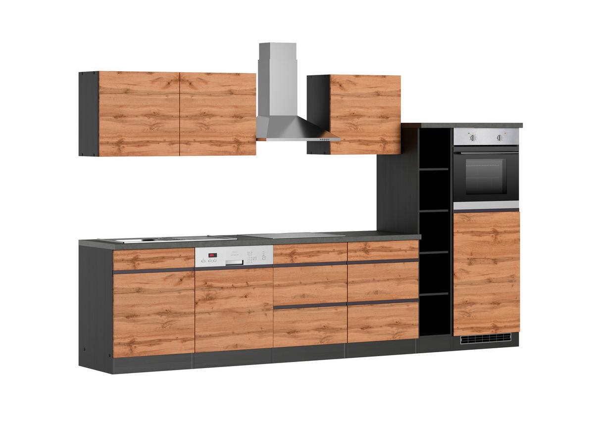 Küchenzeile Turin mit Geräten ca. 330 cm Graphit/Eiche - Eiche Wotan/Graphitfarben, Design, Holzwerkstoff (330cm) - Held