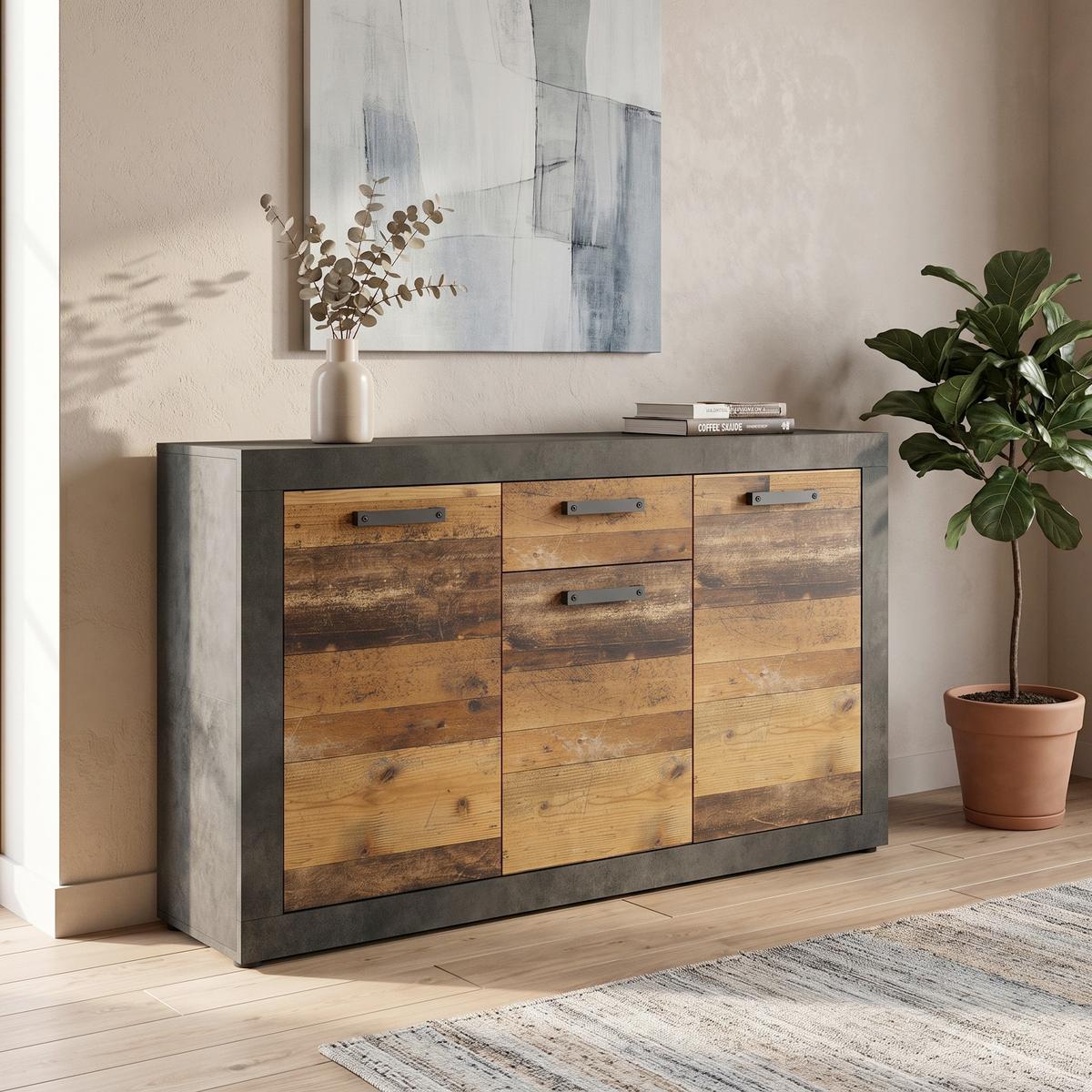 Komoda Kassel - boja hrasta/crna, Romantično / Seoski, pločasti materijal/plastika (135,2/86/35cm) - Modern Living